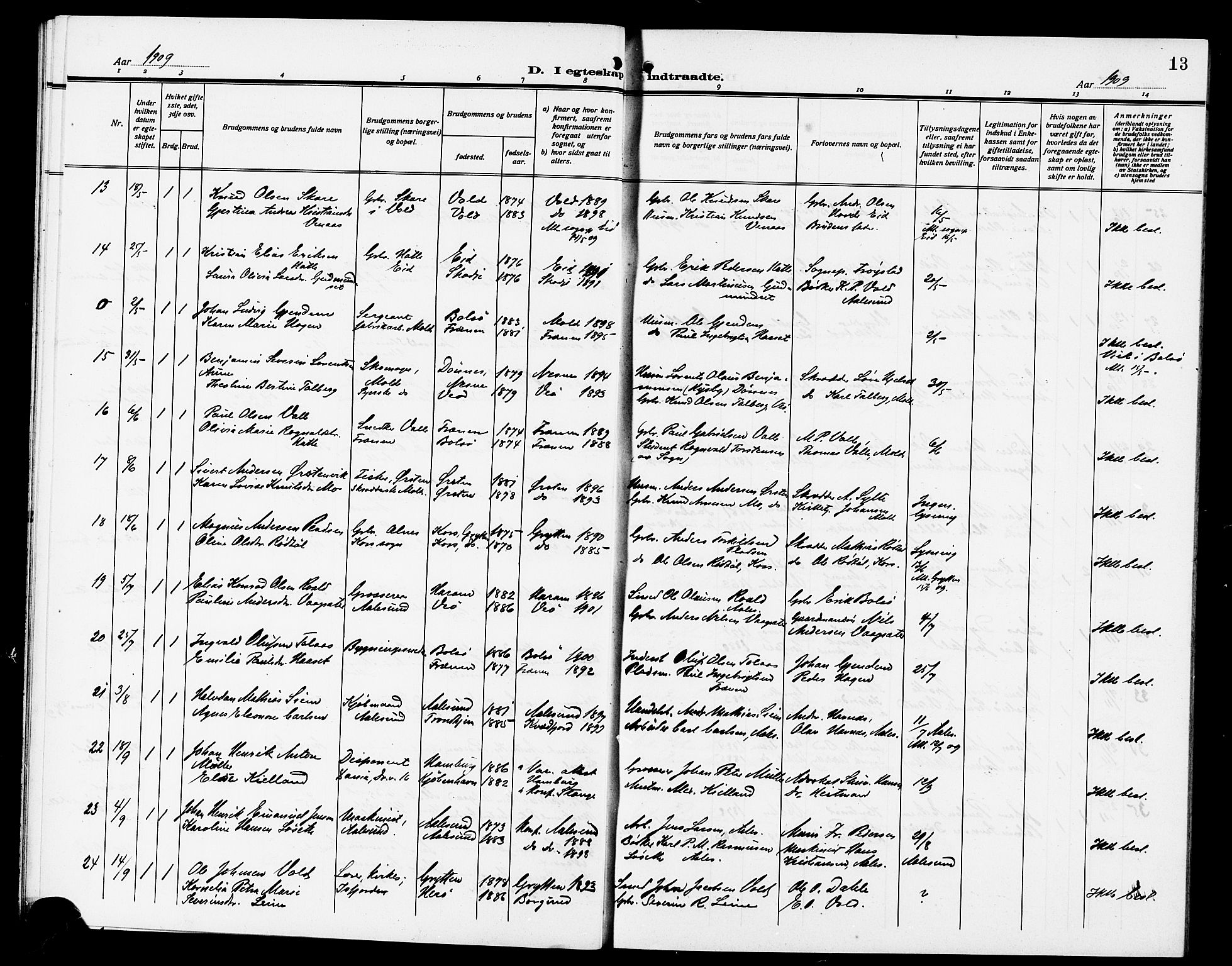 Ministerialprotokoller, klokkerbøker og fødselsregistre - Møre og Romsdal, SAT/A-1454/558/L0703: Klokkerbok nr. 558C04, 1906-1921, s. 13