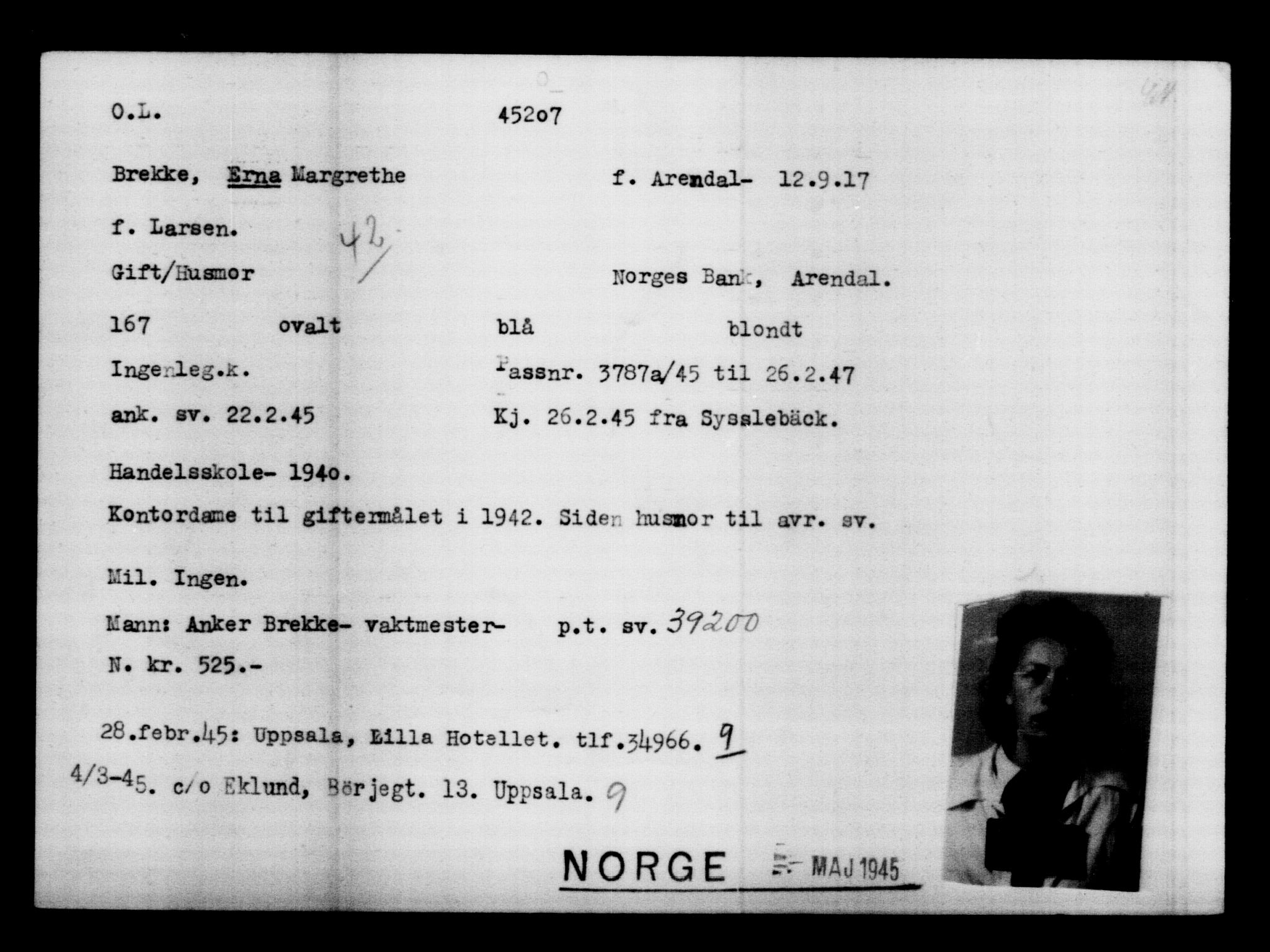 Utenriksstasjonene, Legasjonen i Stockholm, Flyktningkontoret, AV/RA-S-6753/V/Va/L0017: Kjesäterkartoteket, flyktninger med registreringsnr. 43400-46318, 1940-1945, s. 1884