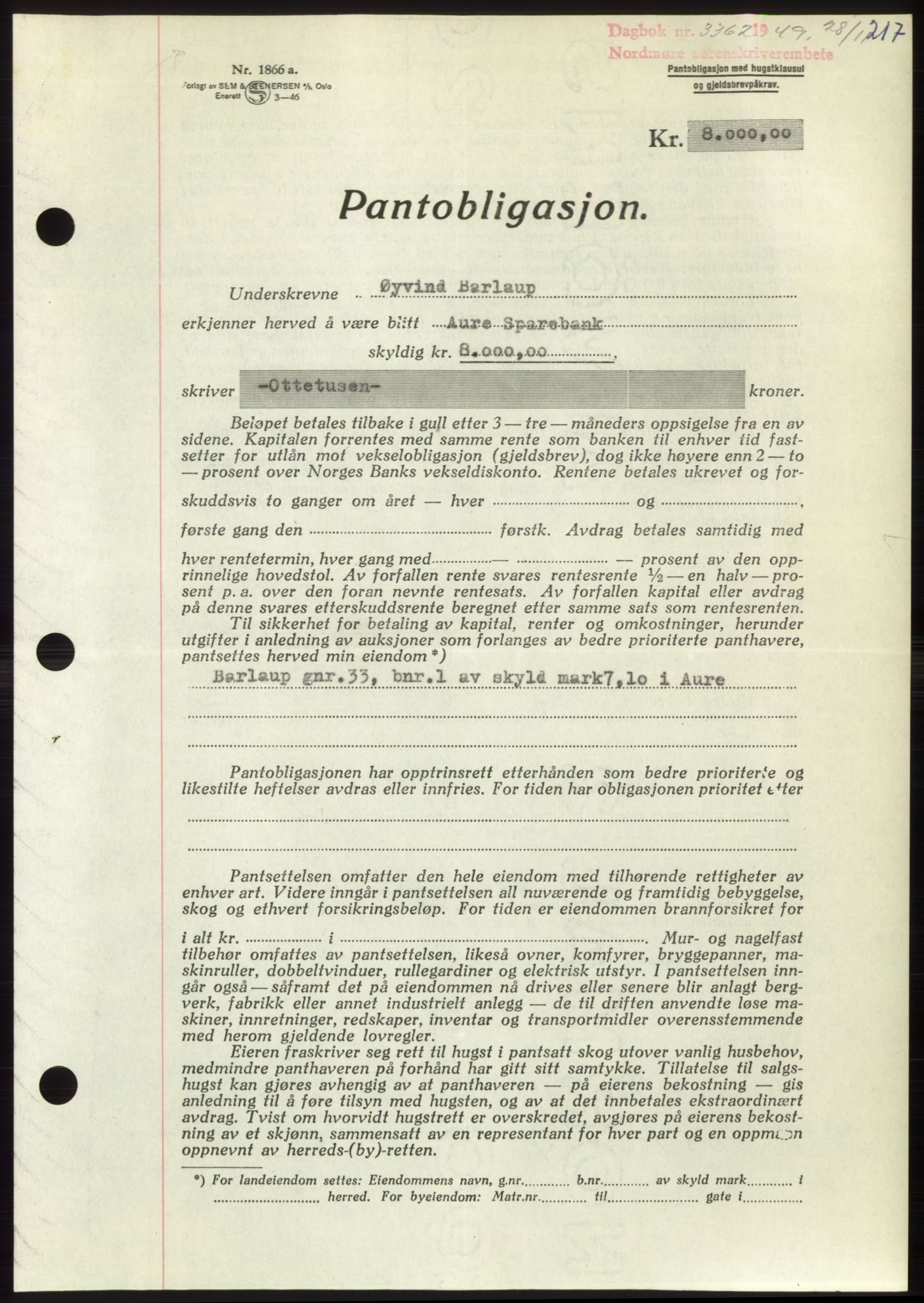 Nordmøre sorenskriveri, SAT/A-4132/1/2/2Ca: Pantebok nr. B103, 1949-1950, Dagboknr: 3362/1949