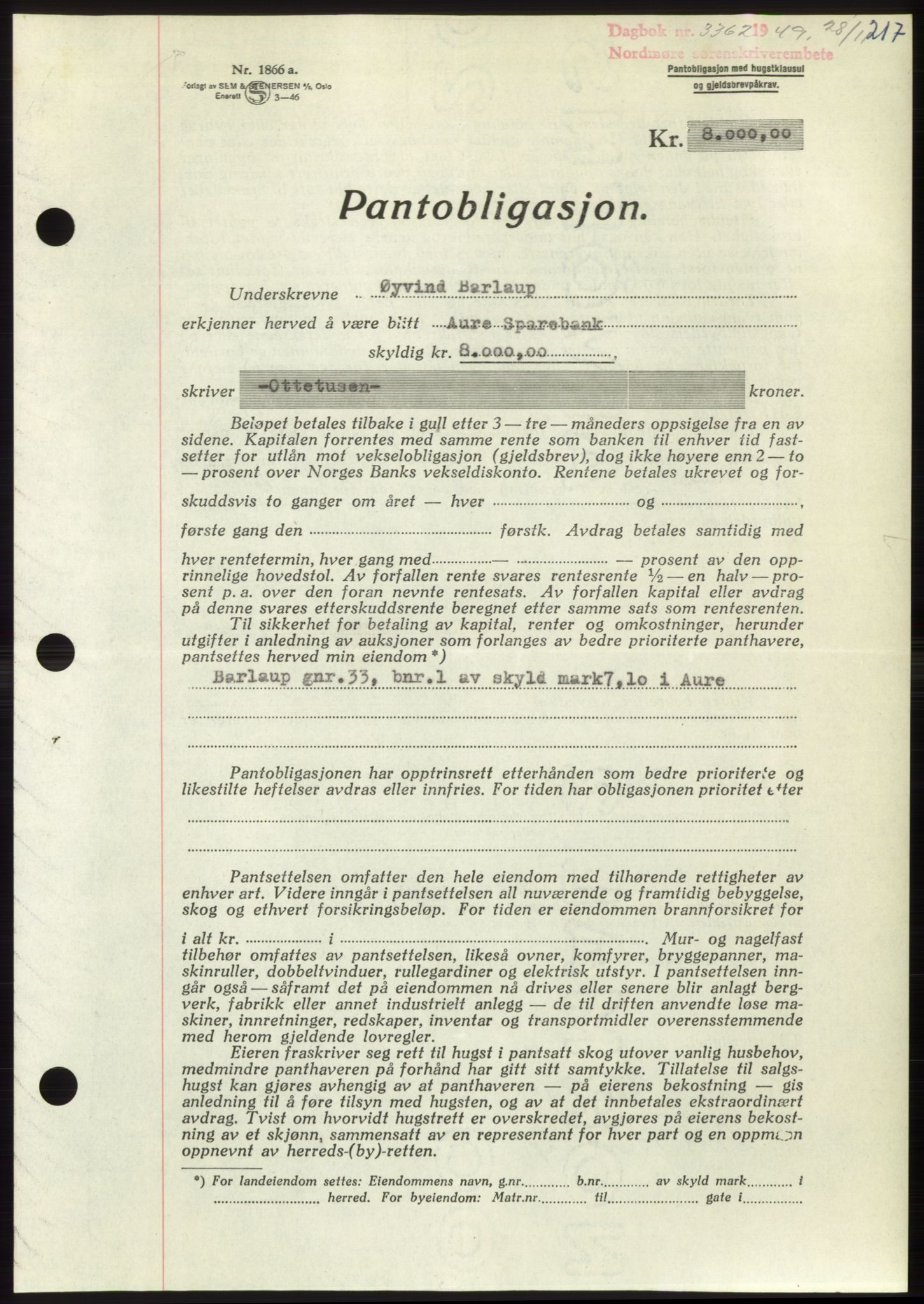 Nordmøre sorenskriveri, AV/SAT-A-4132/1/2/2Ca: Pantebok nr. B103, 1949-1950, Dagboknr: 3362/1949