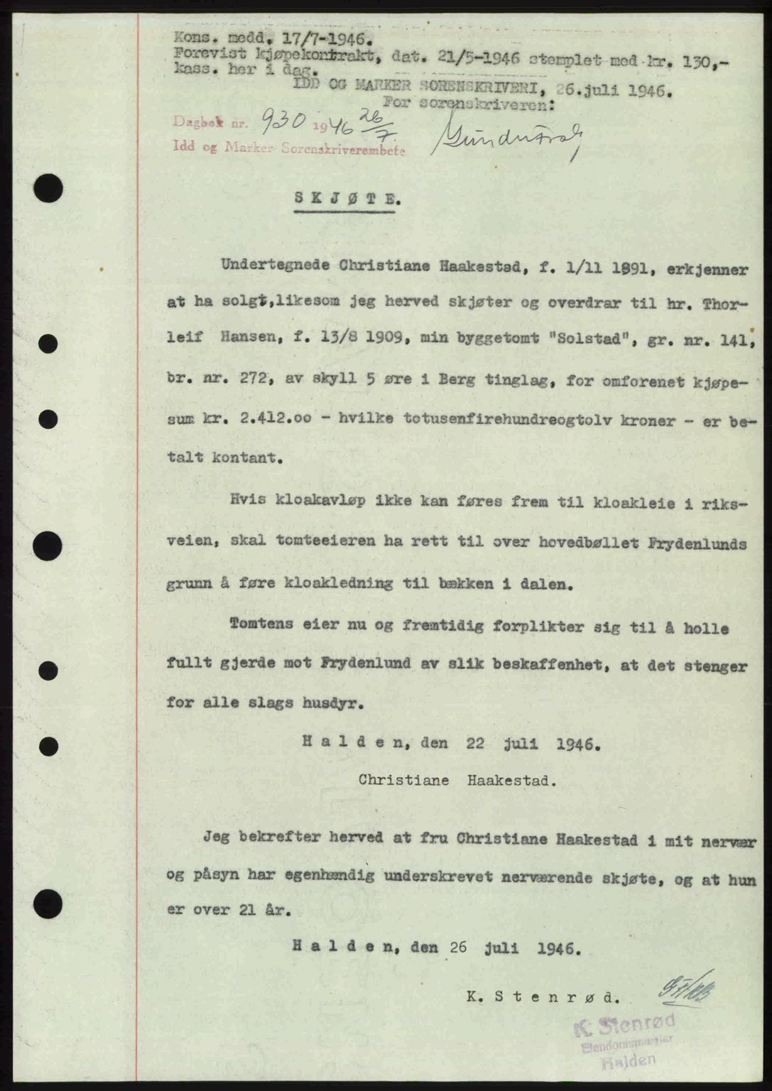 Idd og Marker sorenskriveri, SAO/A-10283/G/Gb/Gbb/L0008: Pantebok nr. A8, 1946-1946, Dagboknr: 930/1946