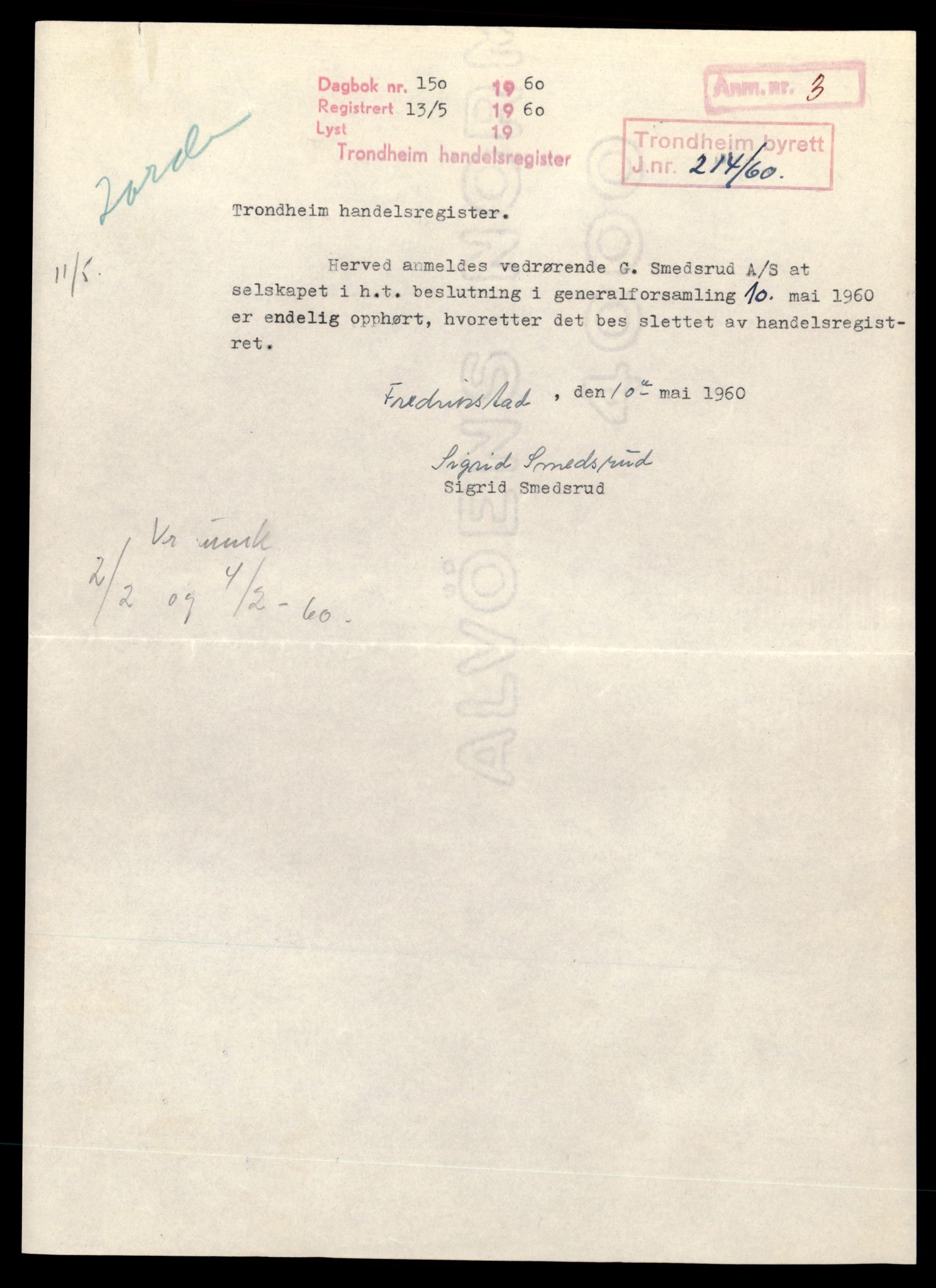 Trondheim byfogd, AV/SAT-A-0003/2/J/Jd/Jdb/L0010: Aksjeselskap, Sm-Th, 1960-1964, s. 1