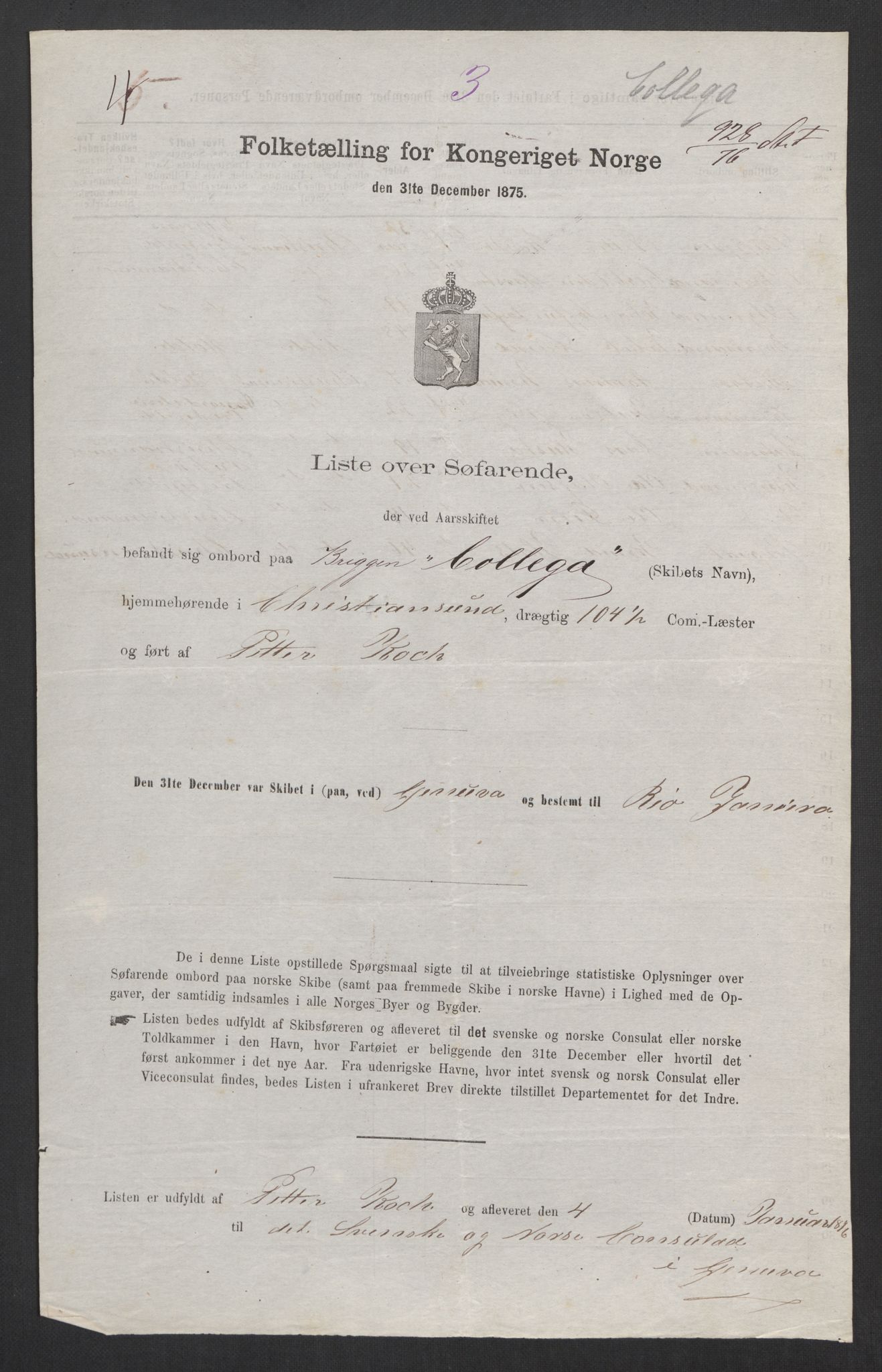 RA, Folketelling 1875, skipslister: Skip i utenrikske havner, hjemmehørende i 1) byer og ladesteder, Grimstad - Tromsø, 2) landdistrikter, 1875, s. 1038