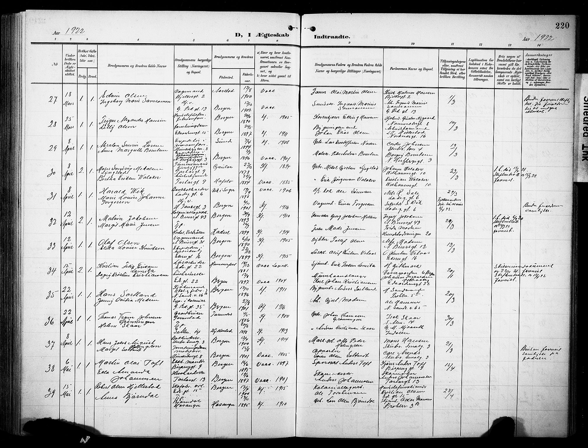 Sandviken Sokneprestembete, AV/SAB-A-77601/H/Hb/L0014: Klokkerbok nr. D 1, 1902-1929, s. 220