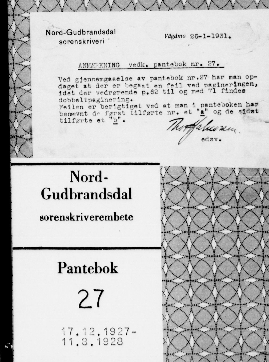 Nord-Gudbrandsdal tingrett, AV/SAH-TING-002/H/Hb/Hba/L0027: Pantebok nr. 27, 1927-1928