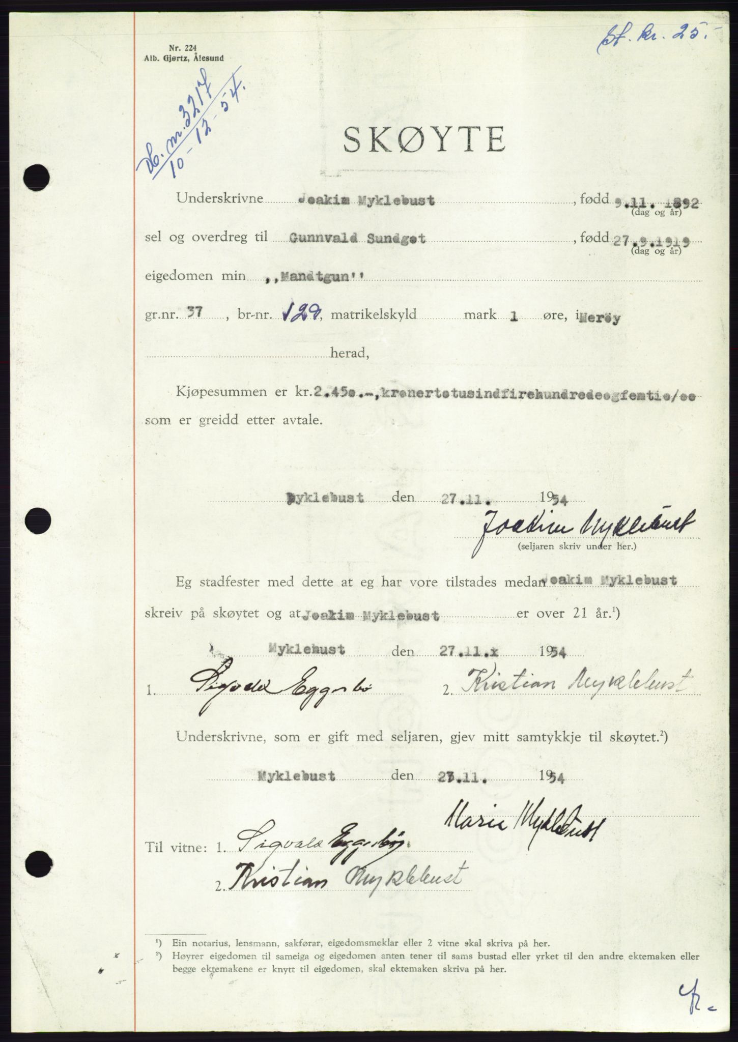 Søre Sunnmøre sorenskriveri, AV/SAT-A-4122/1/2/2C/L0099: Pantebok nr. 25A, 1954-1954, Dagboknr: 3217/1954