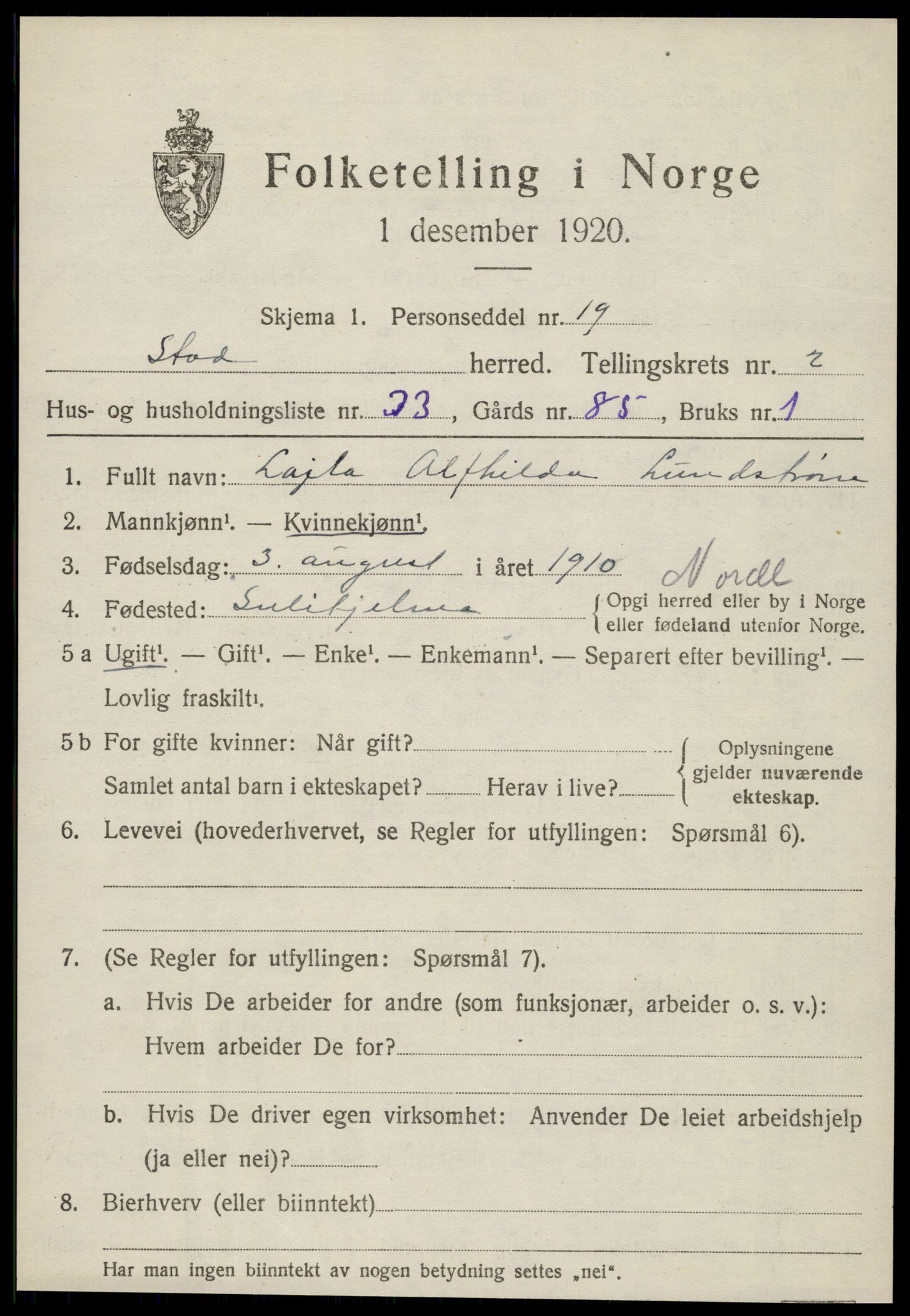 SAT, Folketelling 1920 for 1734 Stod herred, 1920, s. 1694