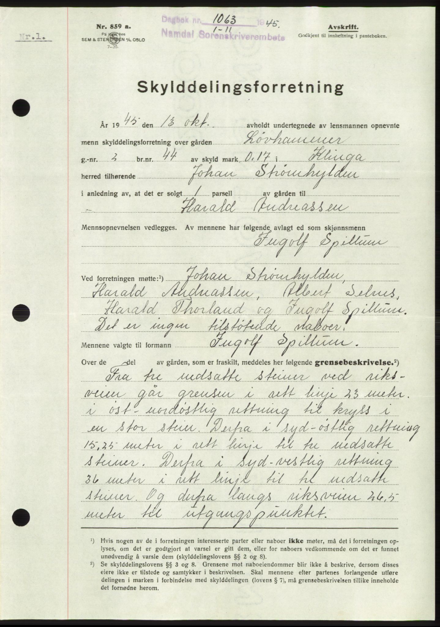 Namdal sorenskriveri, SAT/A-4133/1/2/2C: Pantebok nr. -, 1944-1945, Dagboknr: 1063/1945