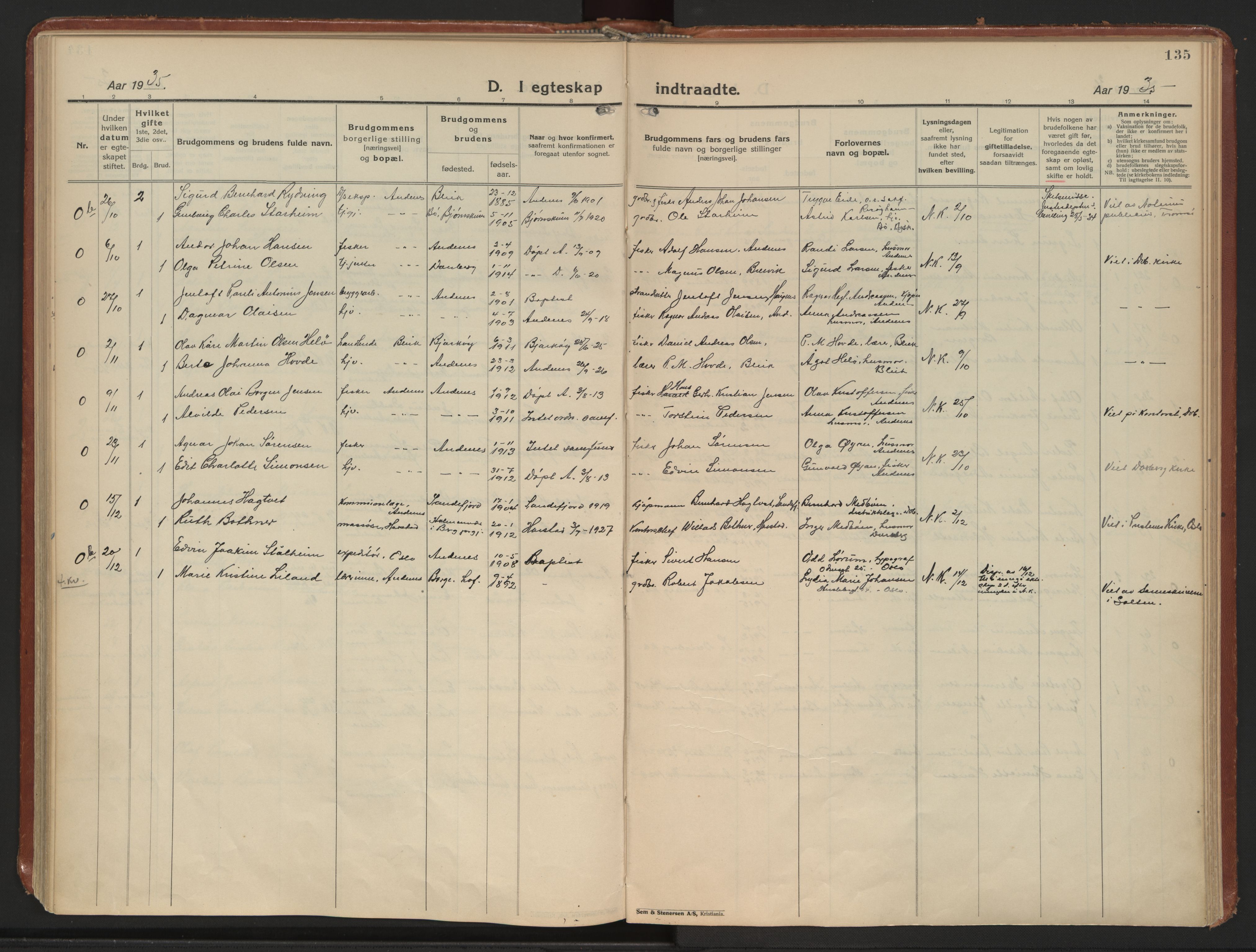 Ministerialprotokoller, klokkerbøker og fødselsregistre - Nordland, AV/SAT-A-1459/899/L1441: Ministerialbok nr. 899A09, 1923-1939, s. 135