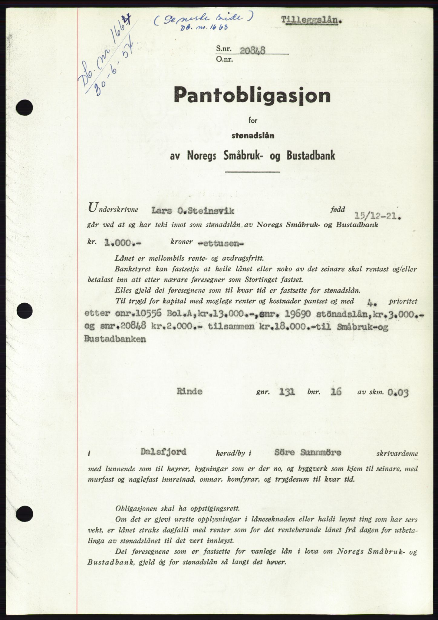 Søre Sunnmøre sorenskriveri, SAT/A-4122/1/2/2C/L0125: Pantebok nr. 13B, 1954-1954, Dagboknr: 1664/1954