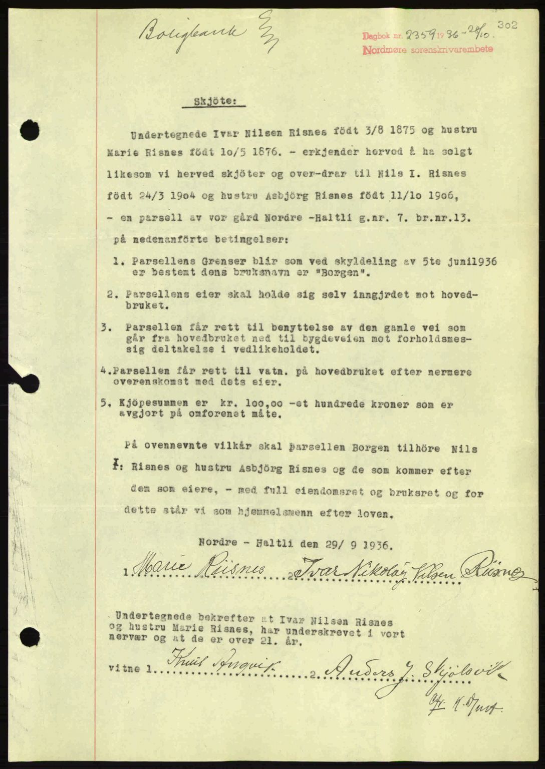 Nordmøre sorenskriveri, SAT/A-4132/1/2/2Ca: Pantebok nr. A80, 1936-1937, Dagboknr: 2359/1936