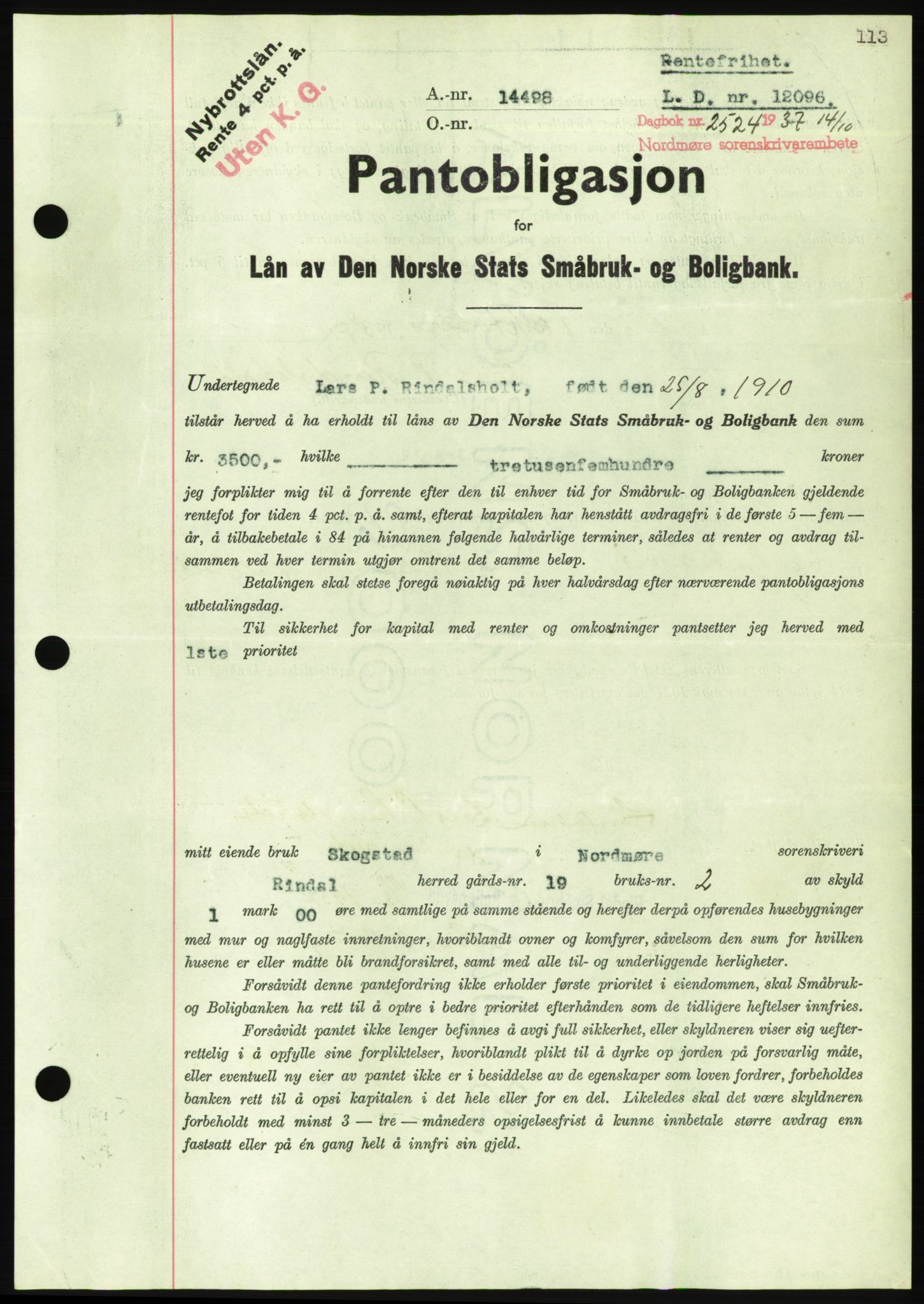 Nordmøre sorenskriveri, AV/SAT-A-4132/1/2/2Ca/L0092: Pantebok nr. B82, 1937-1938, Dagboknr: 2524/1937