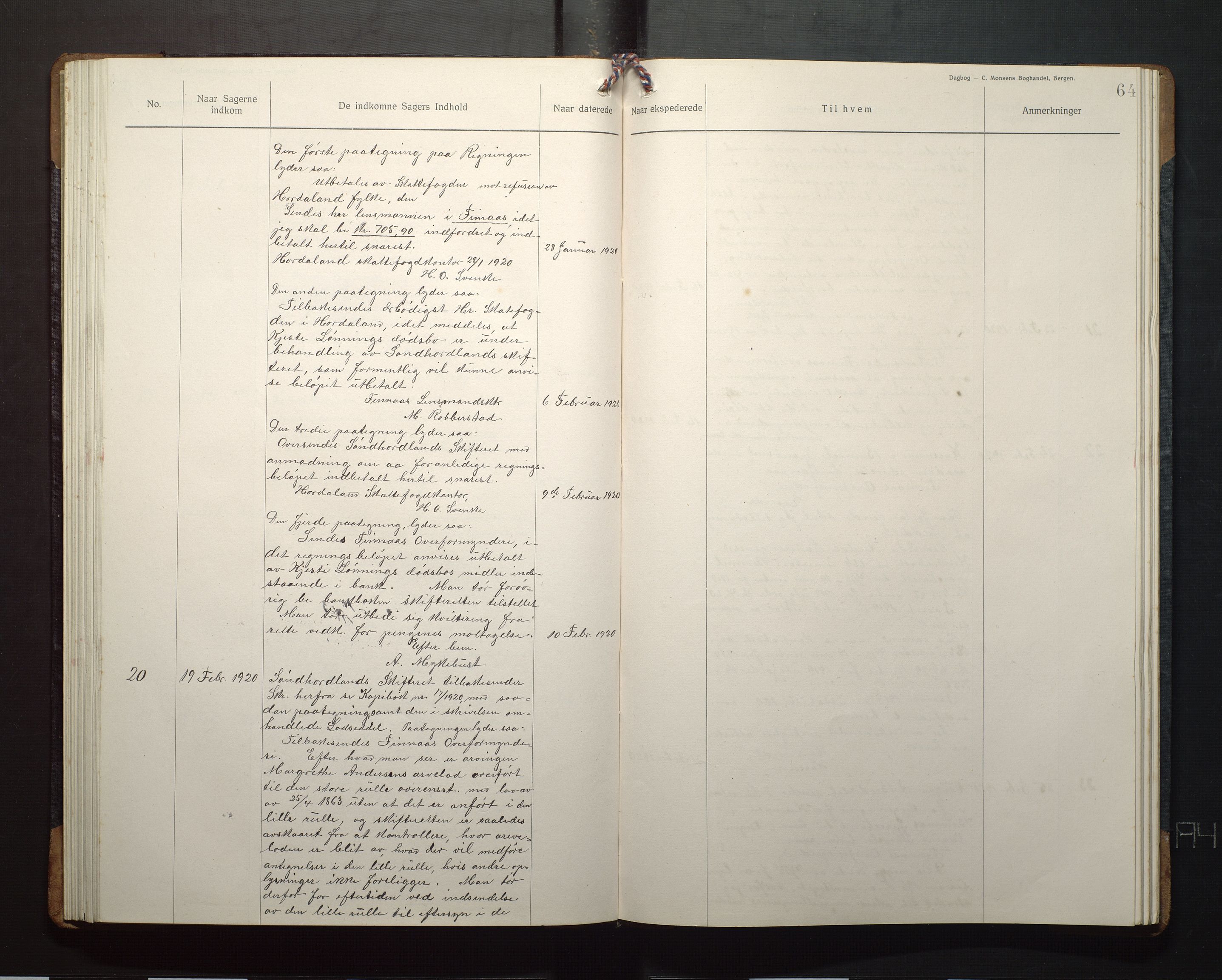 Finnaas kommune. Overformynderiet, IKAH/1218a-812/C/Ca/Caa/L0008: Postjournal for Finnås overformynderi, 1918-1920, s. 64