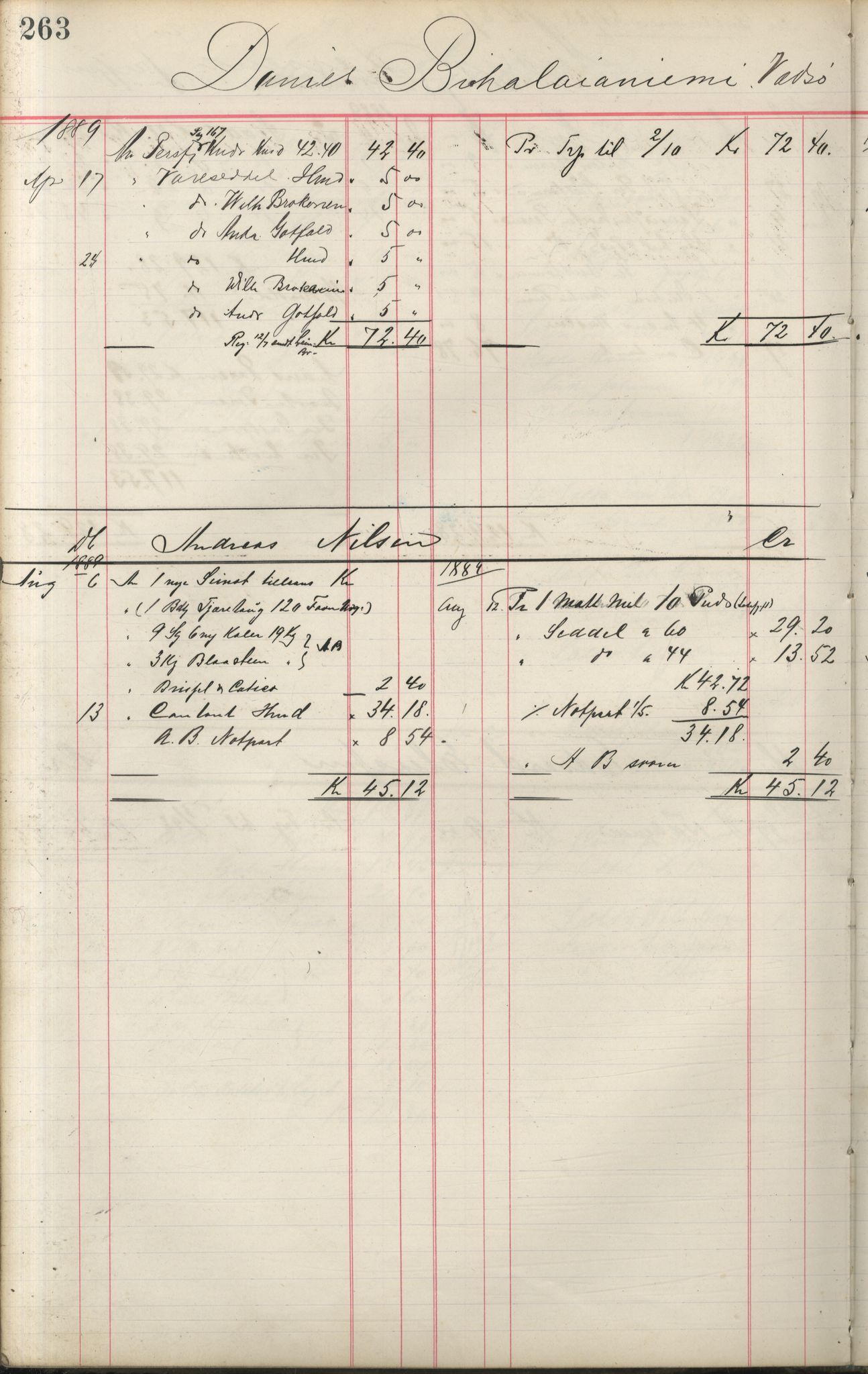 Brodtkorb handel A/S, VAMU/A-0001/F/Fa/L0001/0002: Kompanibøker. Innensogns / Compagnibog for Indensogns Fiskere No 11, 1887-1889, s. 263