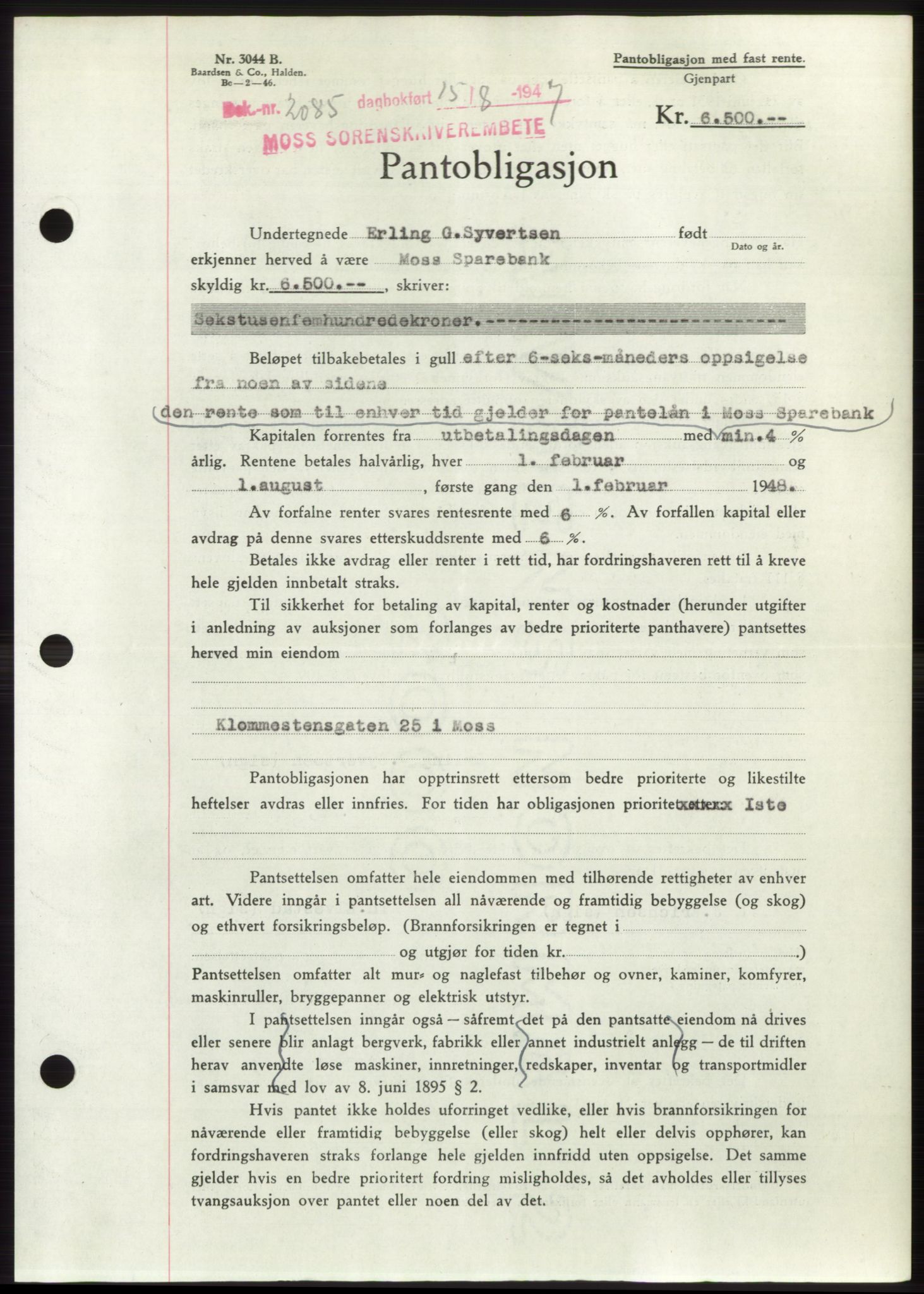 Moss sorenskriveri, SAO/A-10168: Pantebok nr. B17, 1947-1947, Dagboknr: 2085/1947
