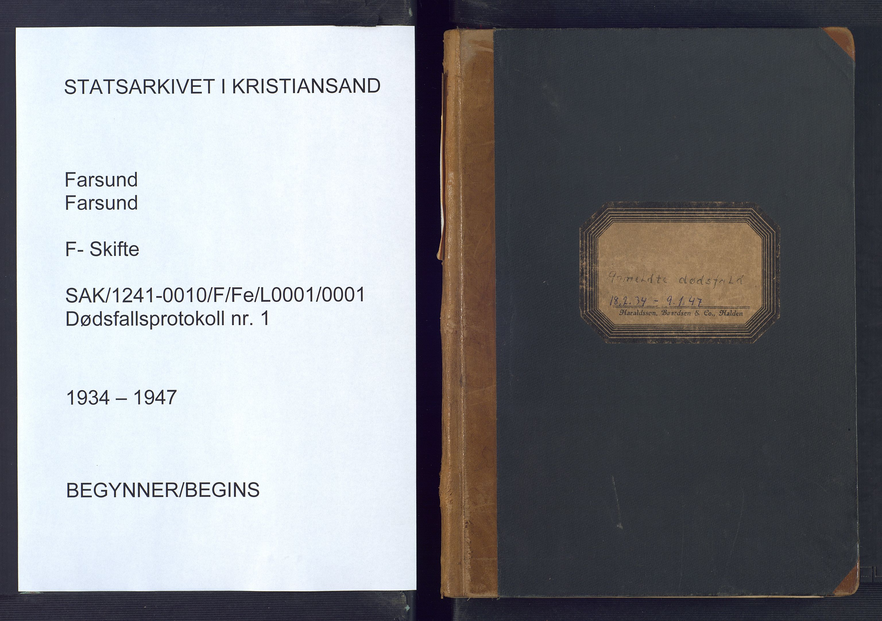 Farsund lensmannskontor, SAK/1241-0010/F/Fe/L0001/0001: Dødsfallsprotokoller / Dødsfallsprotokoll, 1934-1947