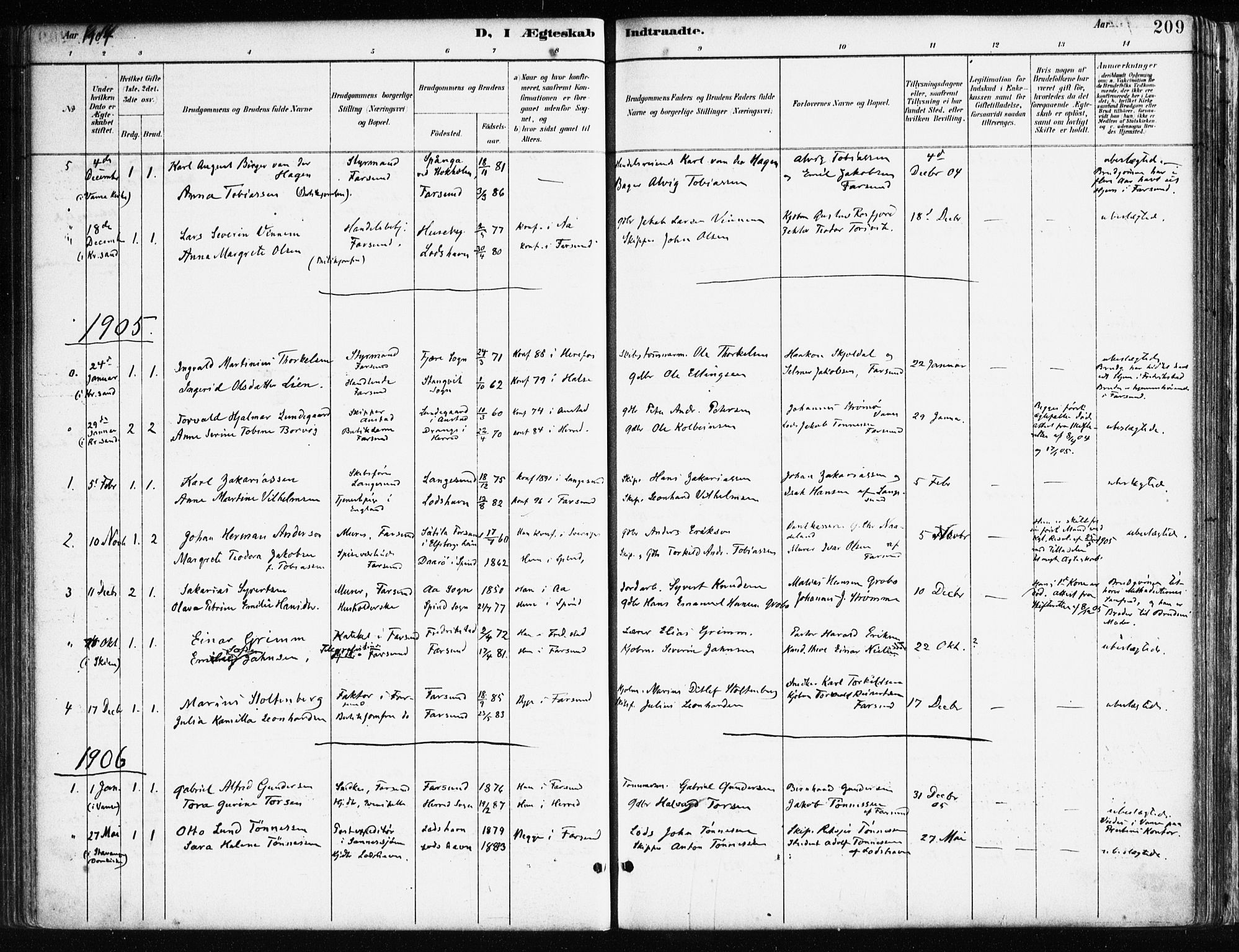 Farsund sokneprestkontor, AV/SAK-1111-0009/F/Fa/L0006: Ministerialbok nr. A 6, 1887-1920, s. 209