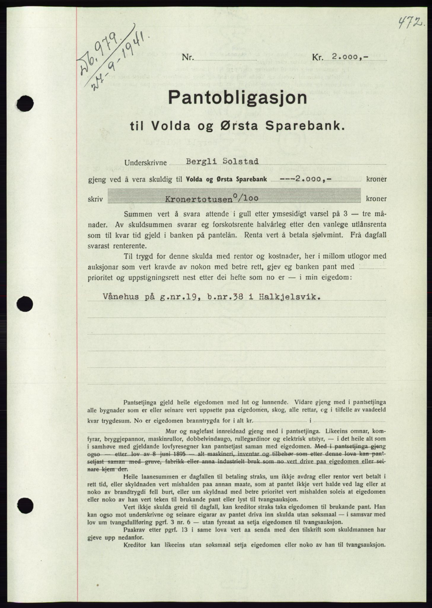 Søre Sunnmøre sorenskriveri, AV/SAT-A-4122/1/2/2C/L0071: Pantebok nr. 65, 1941-1941, Dagboknr: 979/1941