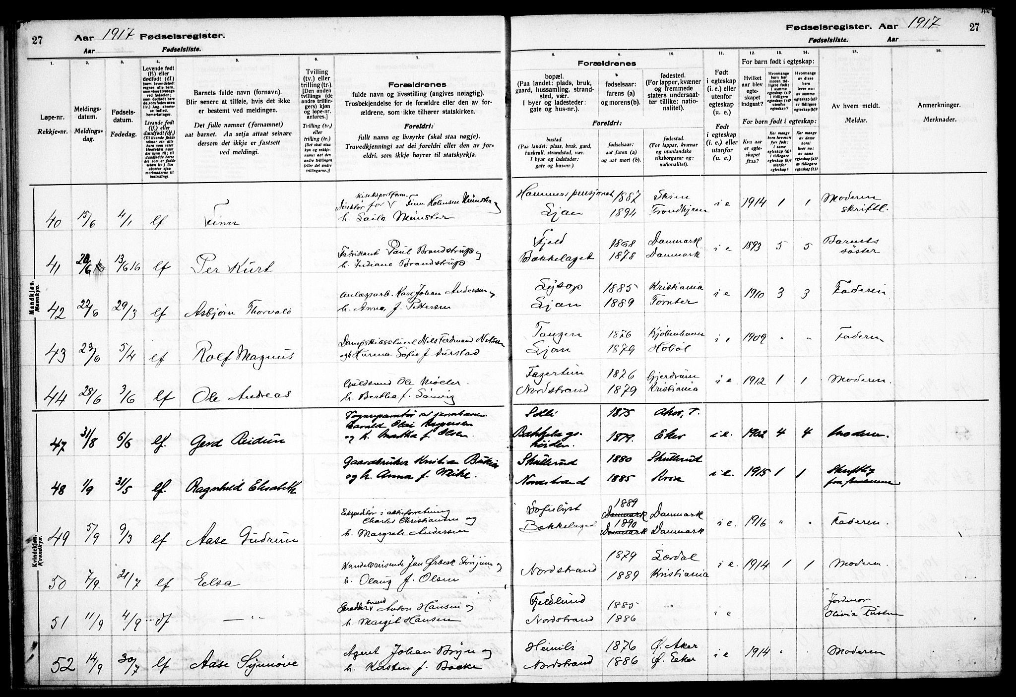 Nordstrand prestekontor Kirkebøker, AV/SAO-A-10362a/J/Ja/L0001: Fødselsregister nr. I 1, 1916-1924, s. 27