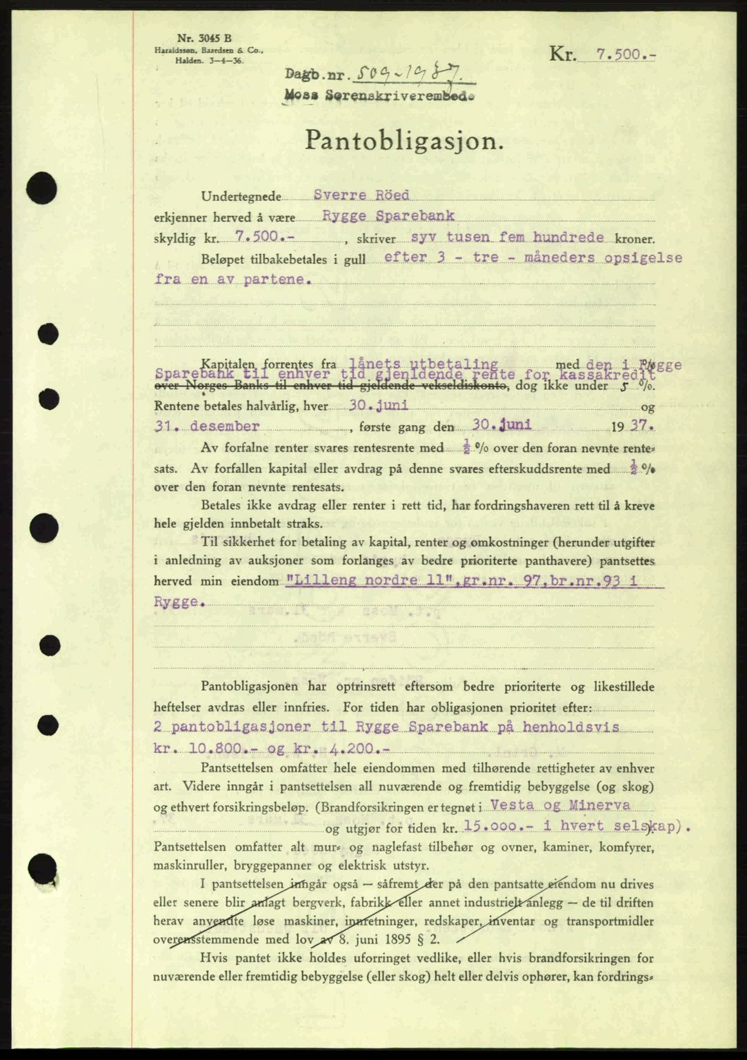 Moss sorenskriveri, SAO/A-10168: Pantebok nr. B3, 1937-1937, Dagboknr: 509/1937