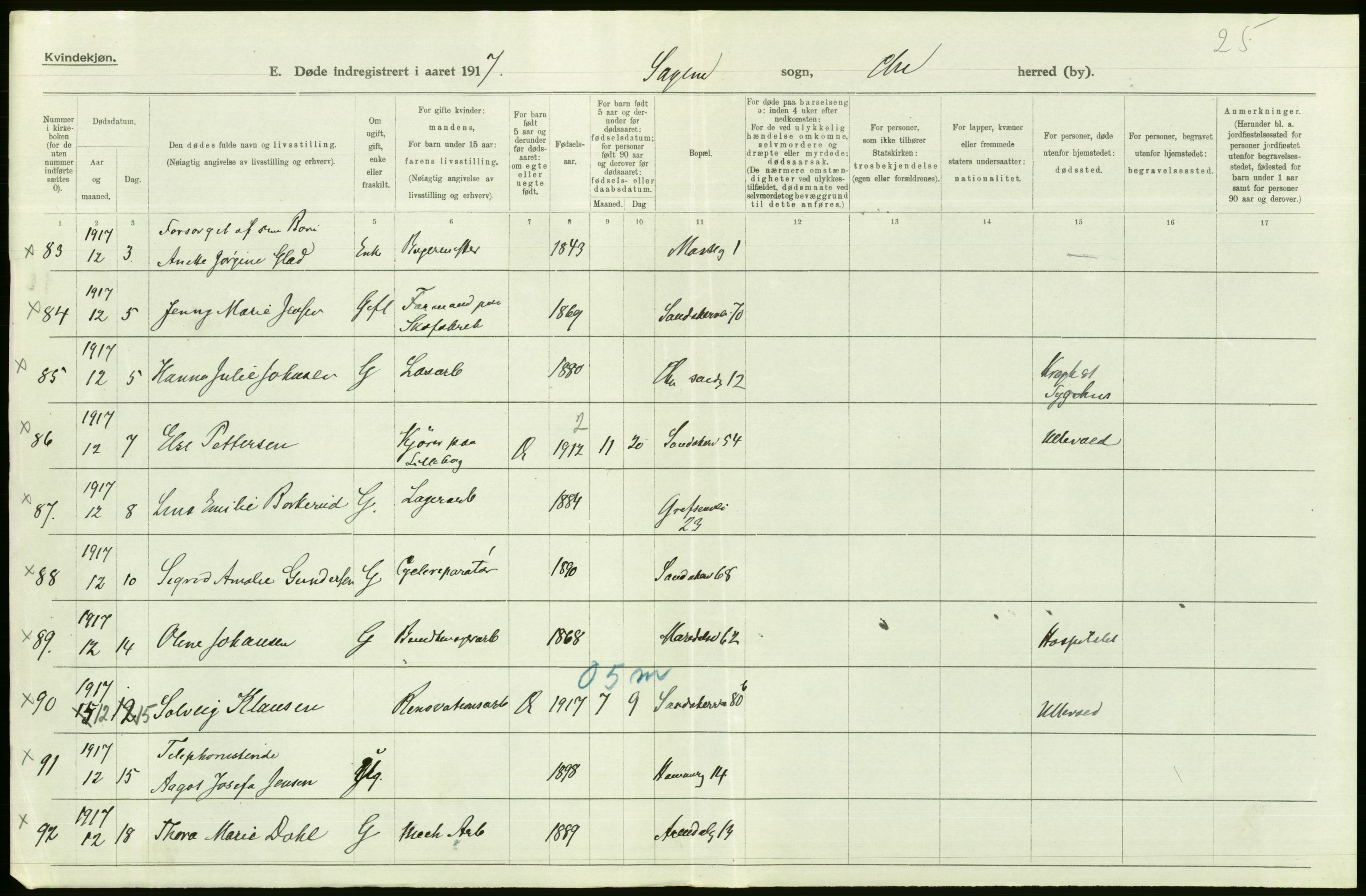 Statistisk sentralbyrå, Sosiodemografiske emner, Befolkning, AV/RA-S-2228/D/Df/Dfb/Dfbg/L0010: Kristiania: Døde, 1917, s. 140