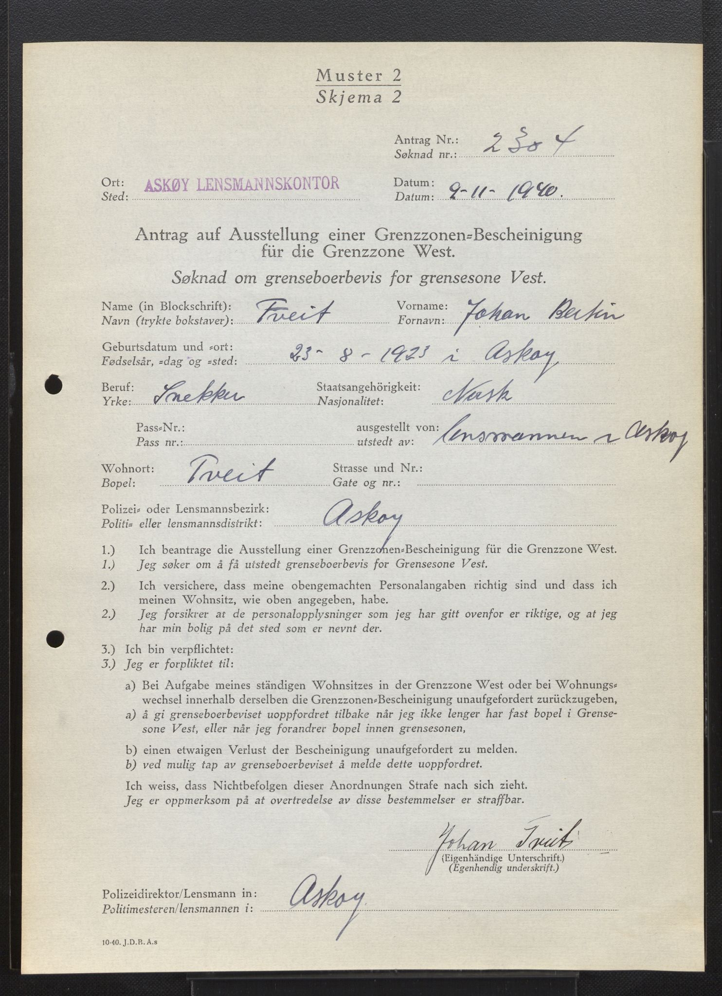 Lensmannen i Askøy, AV/SAB-A-31001/0026/L0008: Søknader om grensebuarbevis 2126 - 2550, 1940, s. 361
