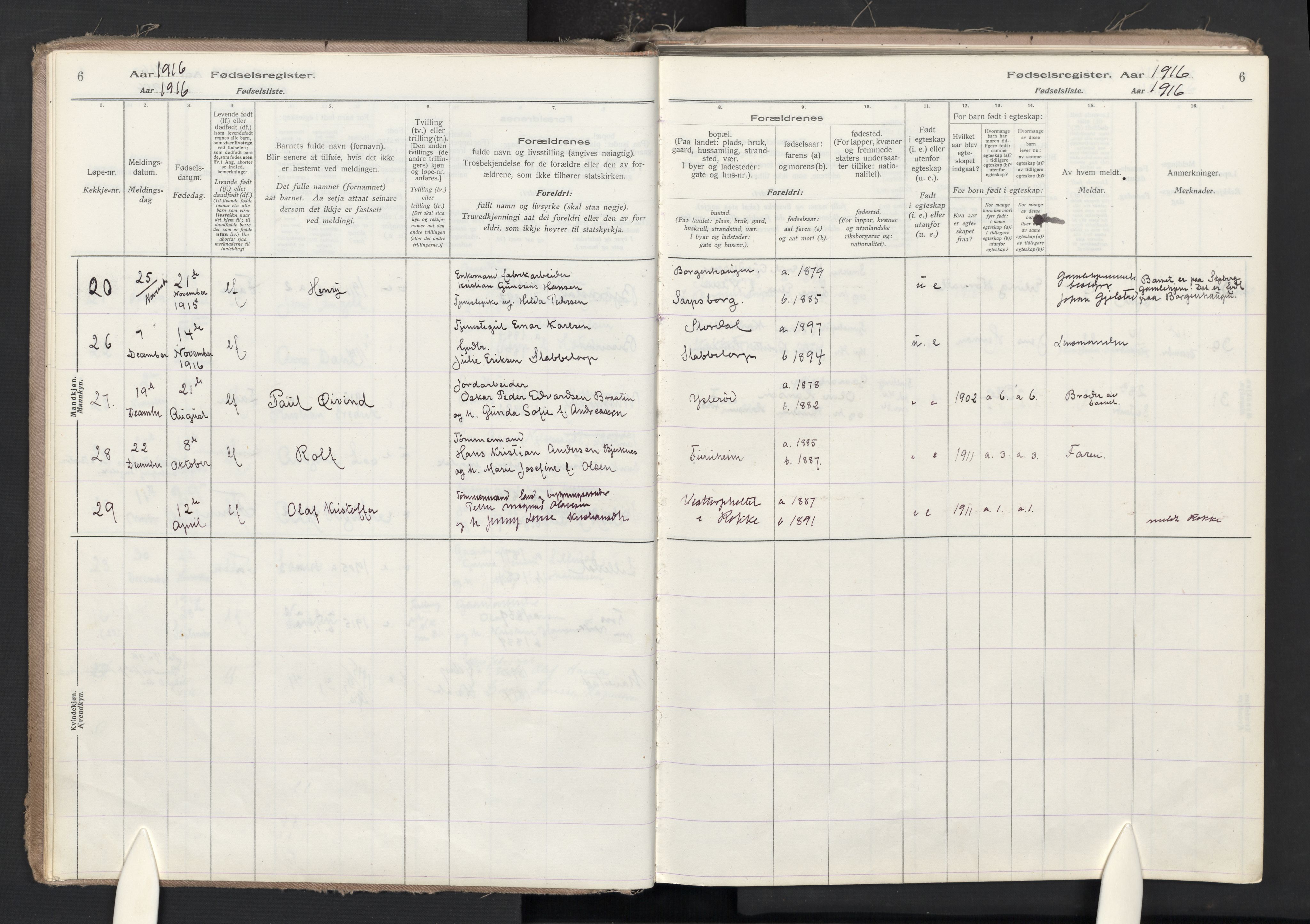 Skjeberg prestekontor Kirkebøker, AV/SAO-A-10923/J/Ja/L0001: Fødselsregister nr. I 1, 1916-1945, s. 6