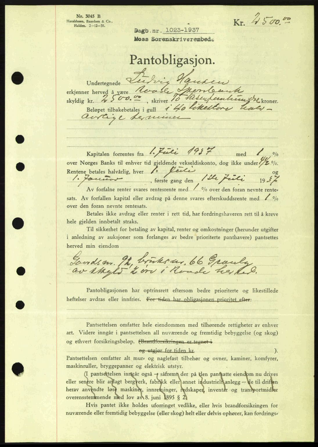Moss sorenskriveri, SAO/A-10168: Pantebok nr. B3, 1937-1937, Dagboknr: 1023/1937