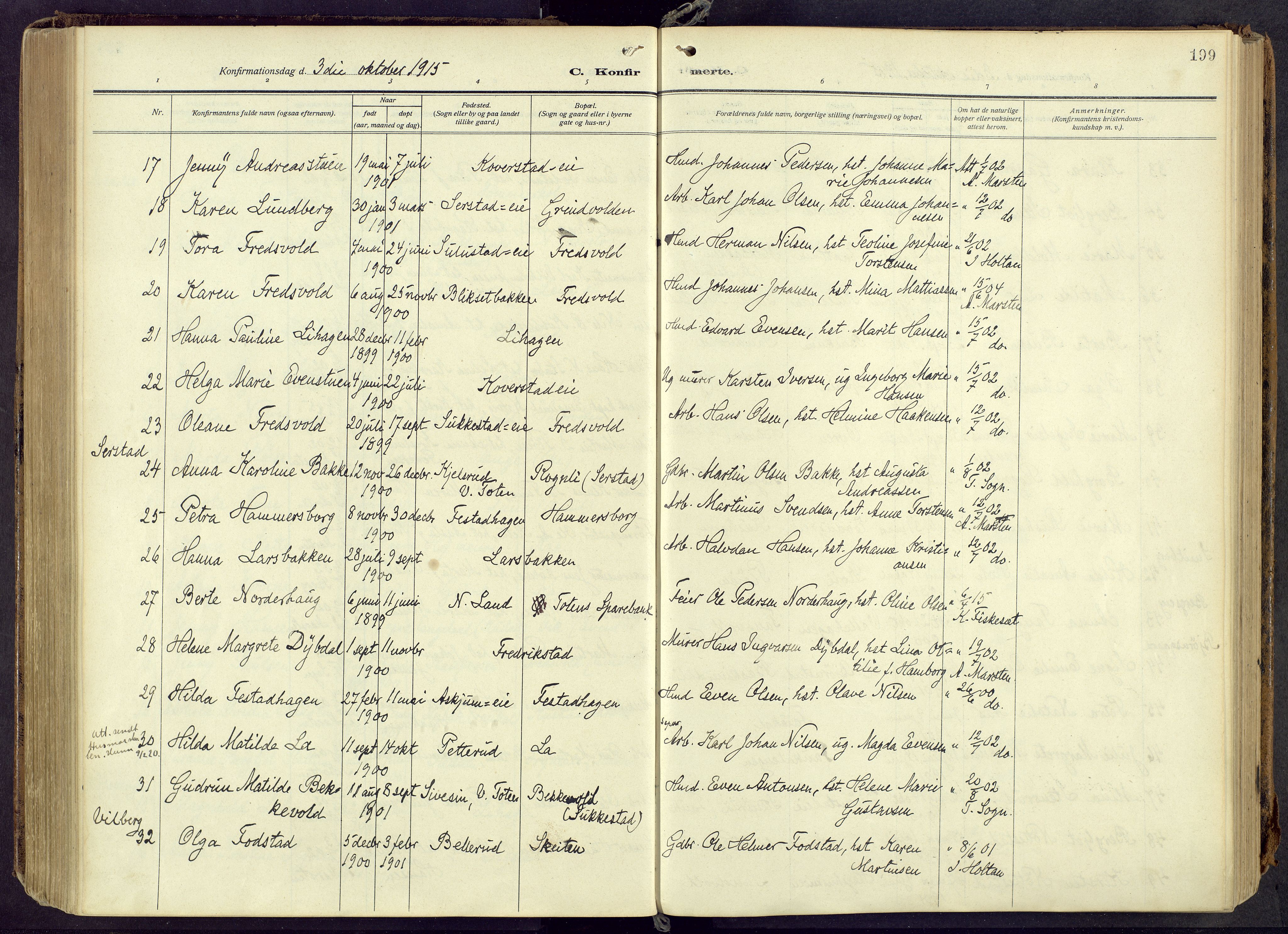 Østre Toten prestekontor, AV/SAH-PREST-104/H/Ha/Haa/L0010: Ministerialbok nr. 10, 1910-1920, s. 199