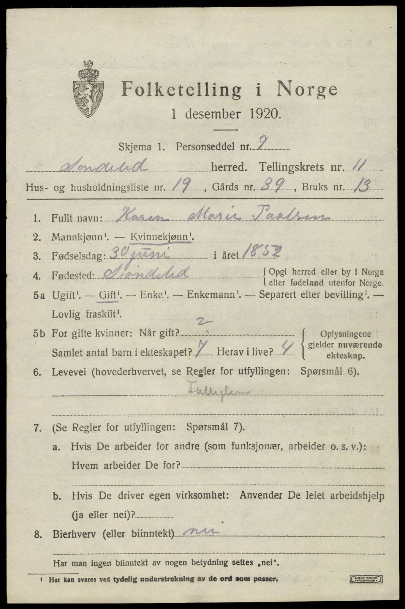 SAK, Folketelling 1920 for 0913 Søndeled herred, 1920, s. 5671