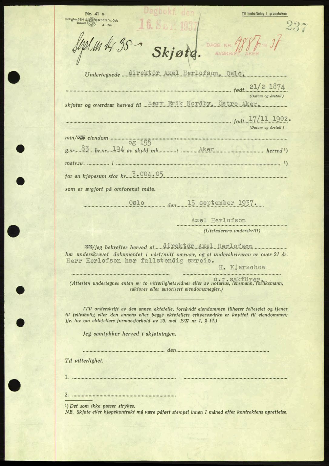 Aker herredsskriveri, SAO/A-10896/G/Gb/Gba/Gbab/L0017: Pantebok nr. A148, 1937-1937, Dagboknr: 9887/1937