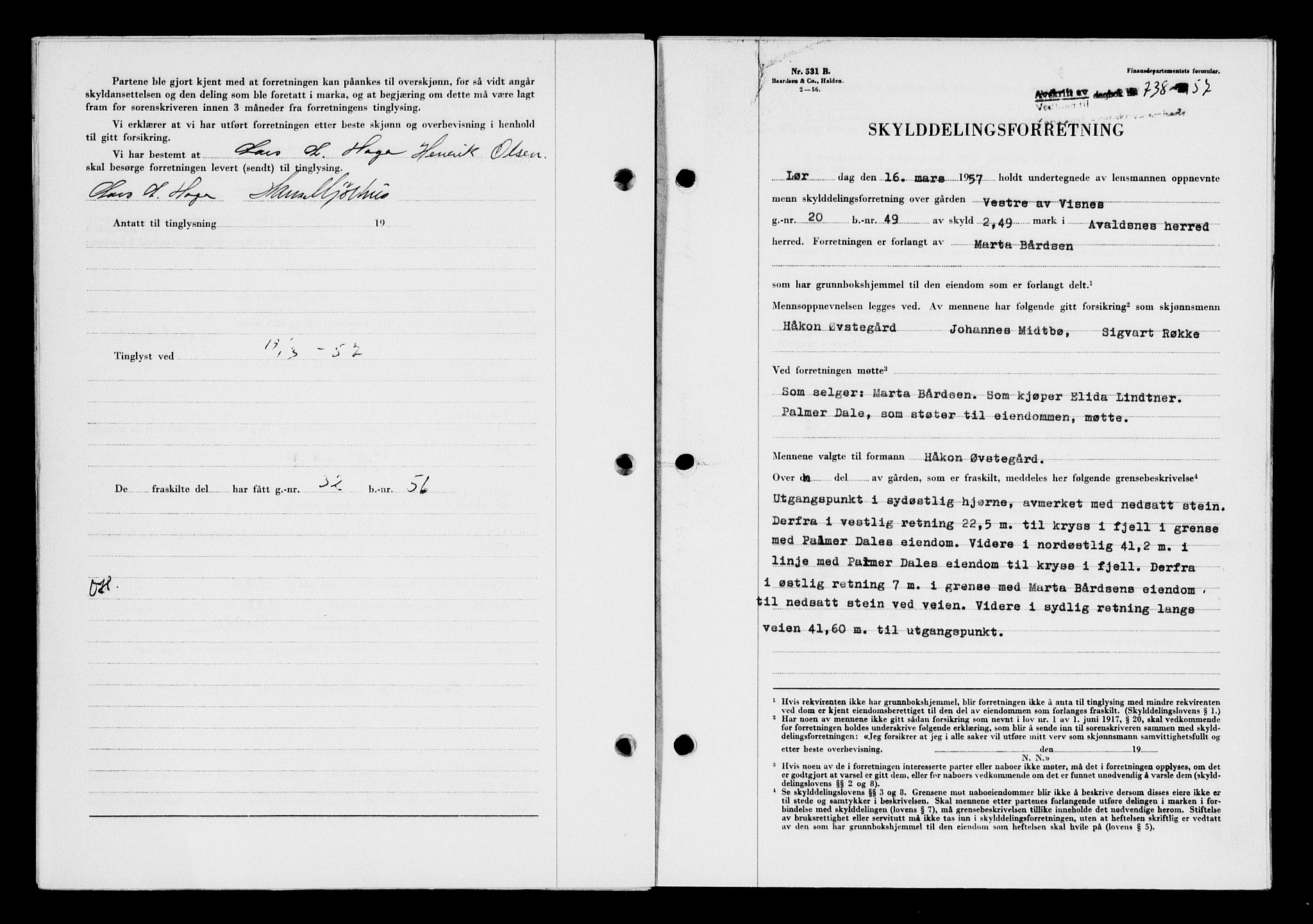 Karmsund sorenskriveri, SAST/A-100311/01/II/IIB/L0124: Pantebok nr. 104A, 1957-1957, Dagboknr: 738/1957