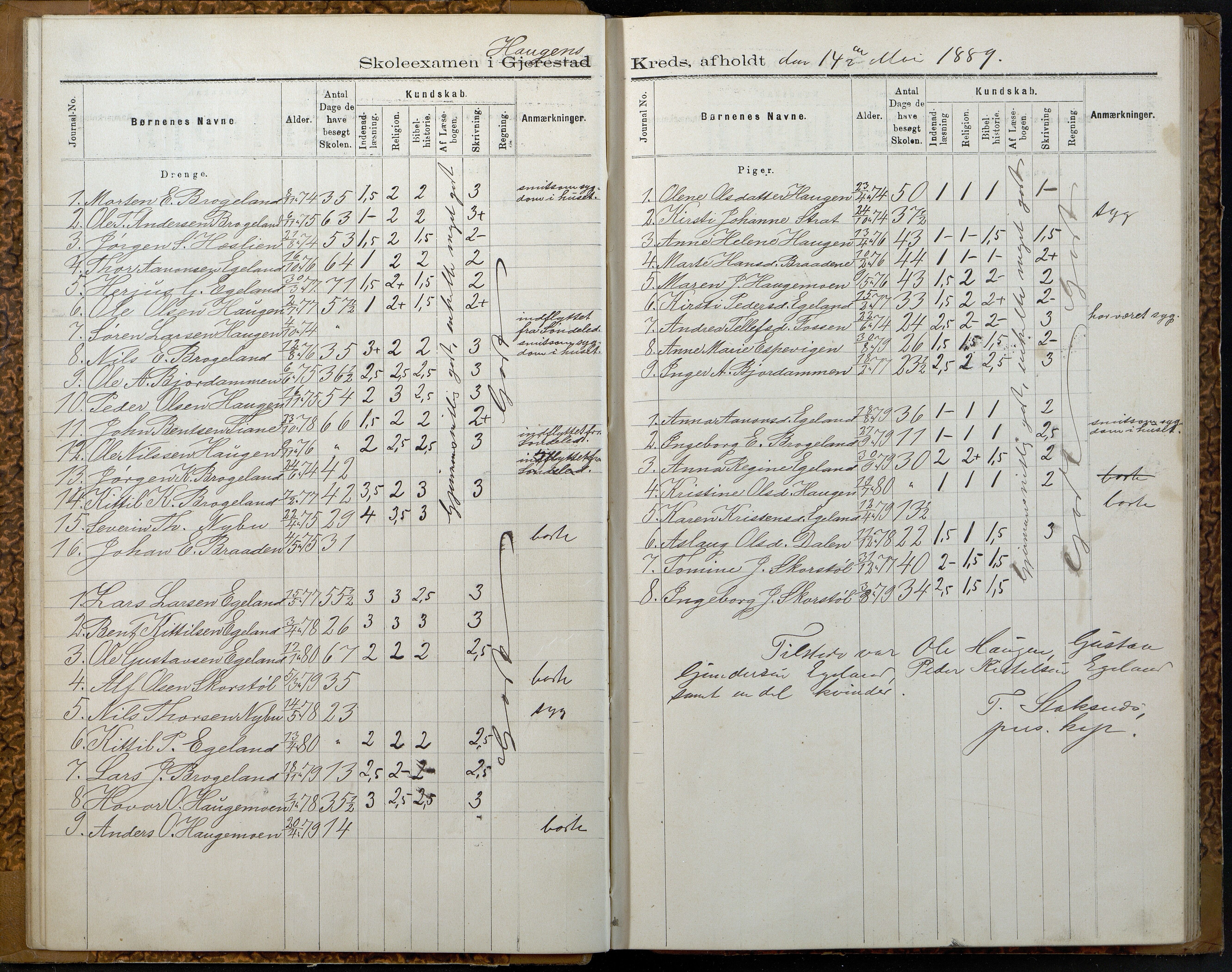 Gjerstad Kommune, Gjerstad Skole, AAKS/KA0911-550a/F02/L0007: Eksamensprotokoll Gjerstad hovedsogn, 1889-1892