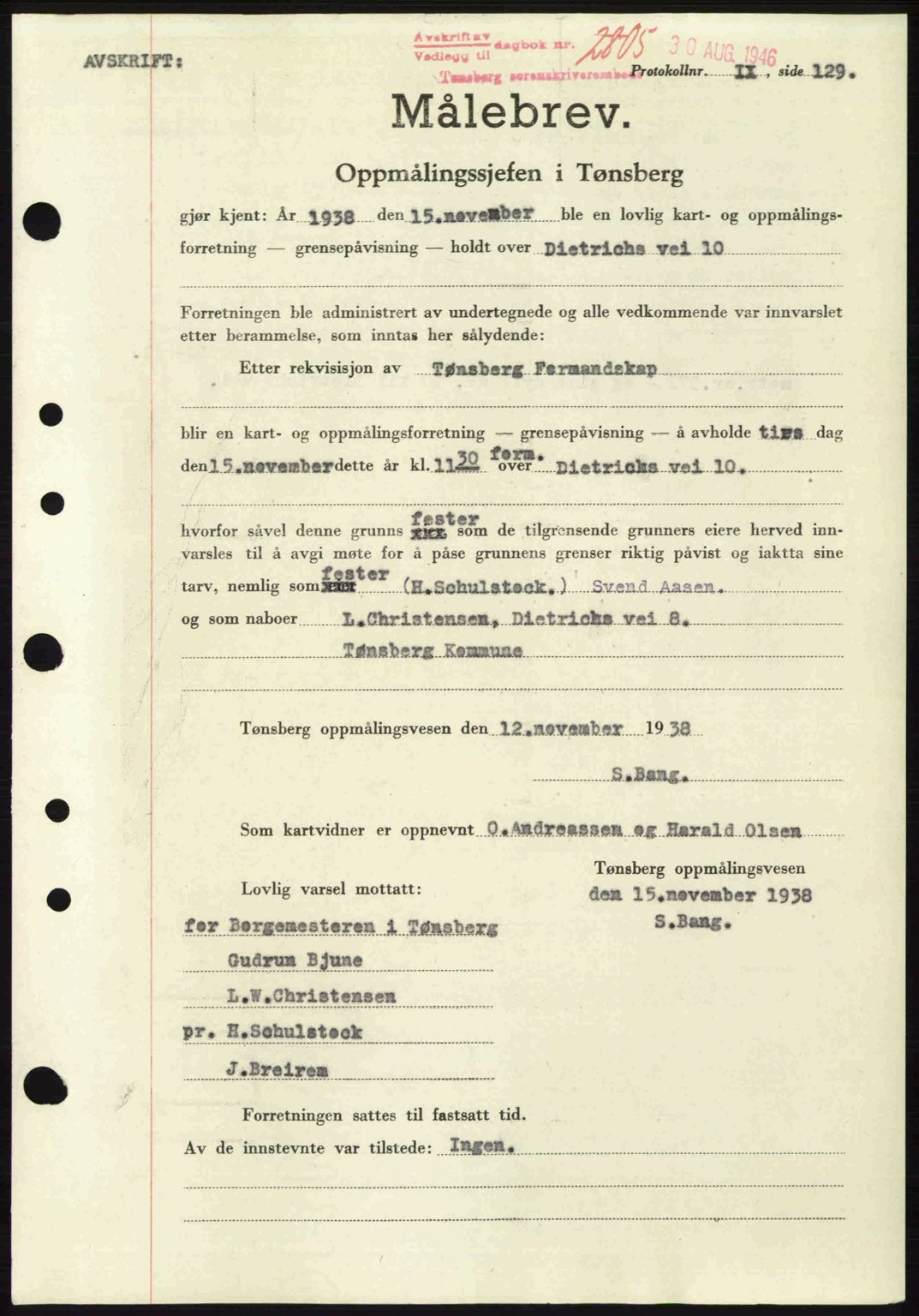 Tønsberg sorenskriveri, SAKO/A-130/G/Ga/Gaa/L0019: Pantebok nr. A19, 1946-1946, Dagboknr: 2805/1946