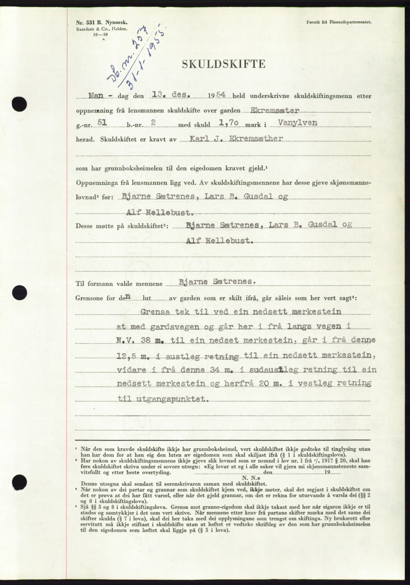 Søre Sunnmøre sorenskriveri, SAT/A-4122/1/2/2C/L0100: Pantebok nr. 26A, 1954-1955, Dagboknr: 257/1955