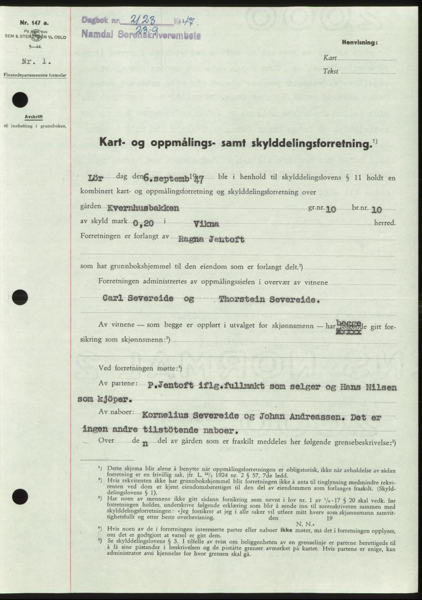Namdal sorenskriveri, SAT/A-4133/1/2/2C: Pantebok nr. -, 1947-1947, Dagboknr: 2123/1947