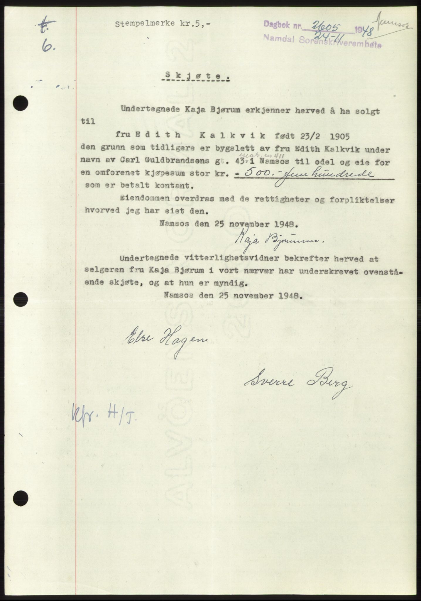 Namdal sorenskriveri, SAT/A-4133/1/2/2C: Pantebok nr. -, 1948-1948, Dagboknr: 2605/1948