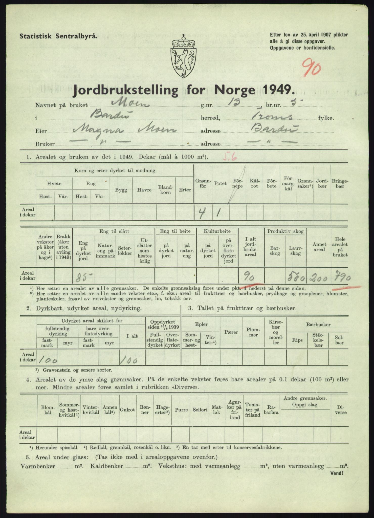 Statistisk sentralbyrå, Næringsøkonomiske emner, Jordbruk, skogbruk, jakt, fiske og fangst, AV/RA-S-2234/G/Gc/L0438: Troms: Salangen og Bardu, 1949, s. 1533