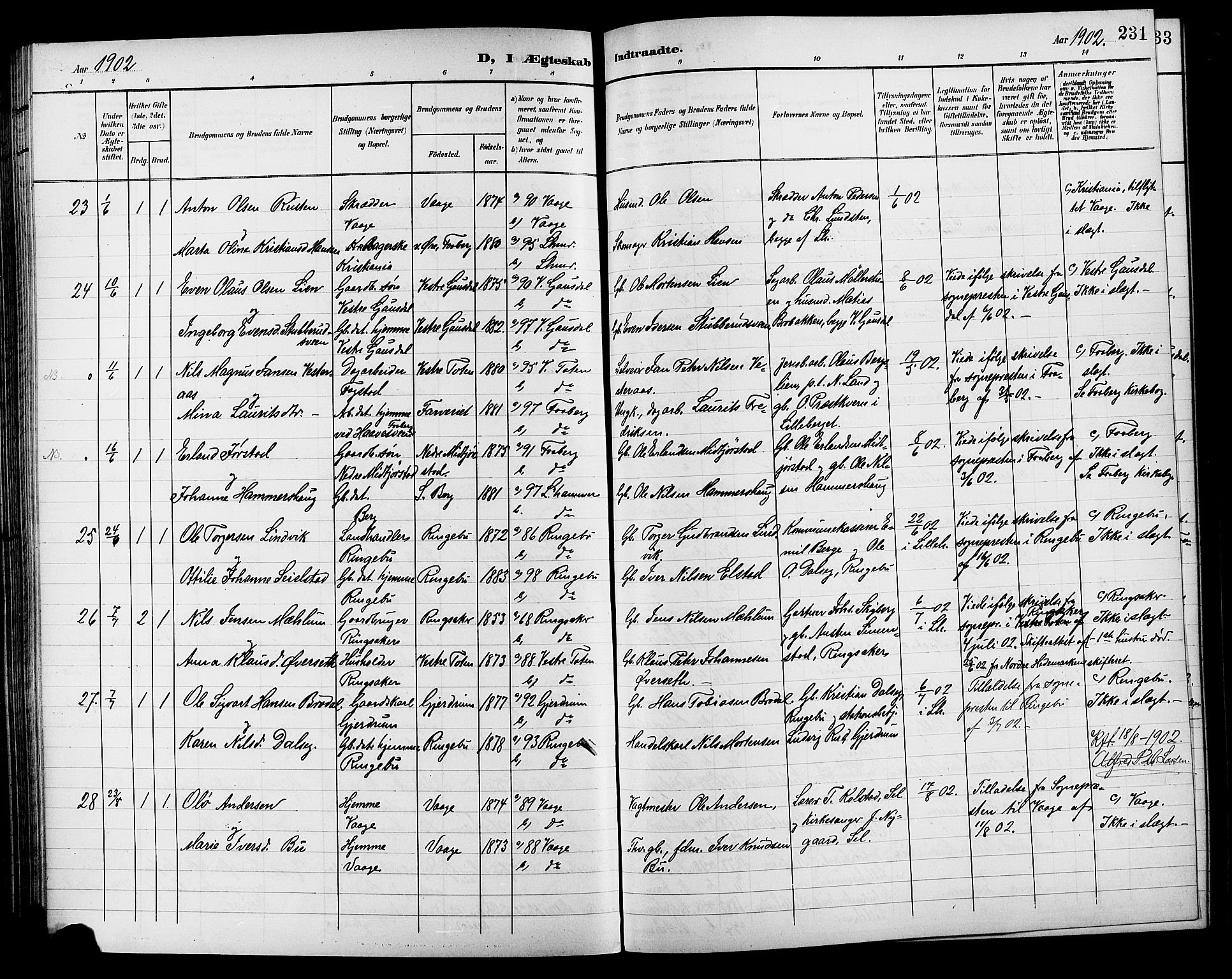 Lillehammer prestekontor, AV/SAH-PREST-088/H/Ha/Hab/L0001: Klokkerbok nr. 1, 1901-1913, s. 231