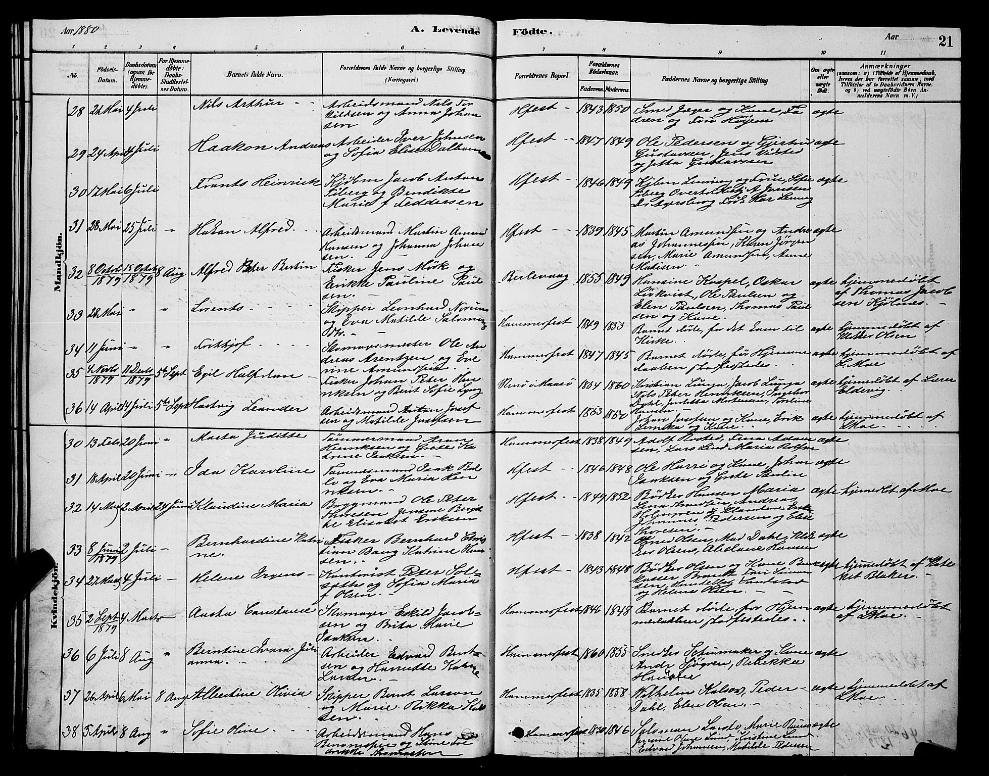 Hammerfest sokneprestkontor, AV/SATØ-S-1347/H/Hb/L0006.klokk: Klokkerbok nr. 6, 1876-1884, s. 21