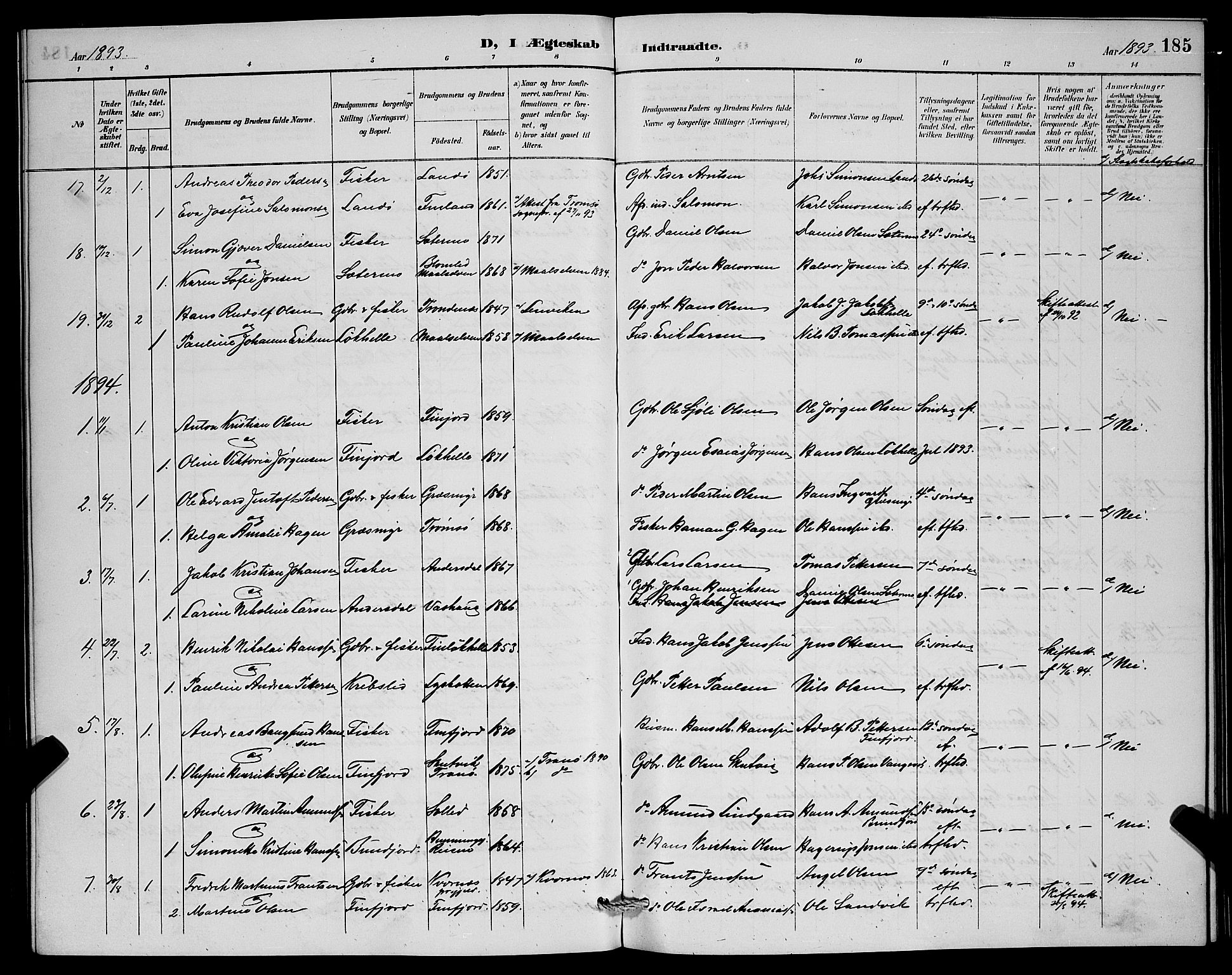 Lenvik sokneprestembete, AV/SATØ-S-1310/H/Ha/Hab/L0007klokker: Klokkerbok nr. 7, 1890-1898, s. 185