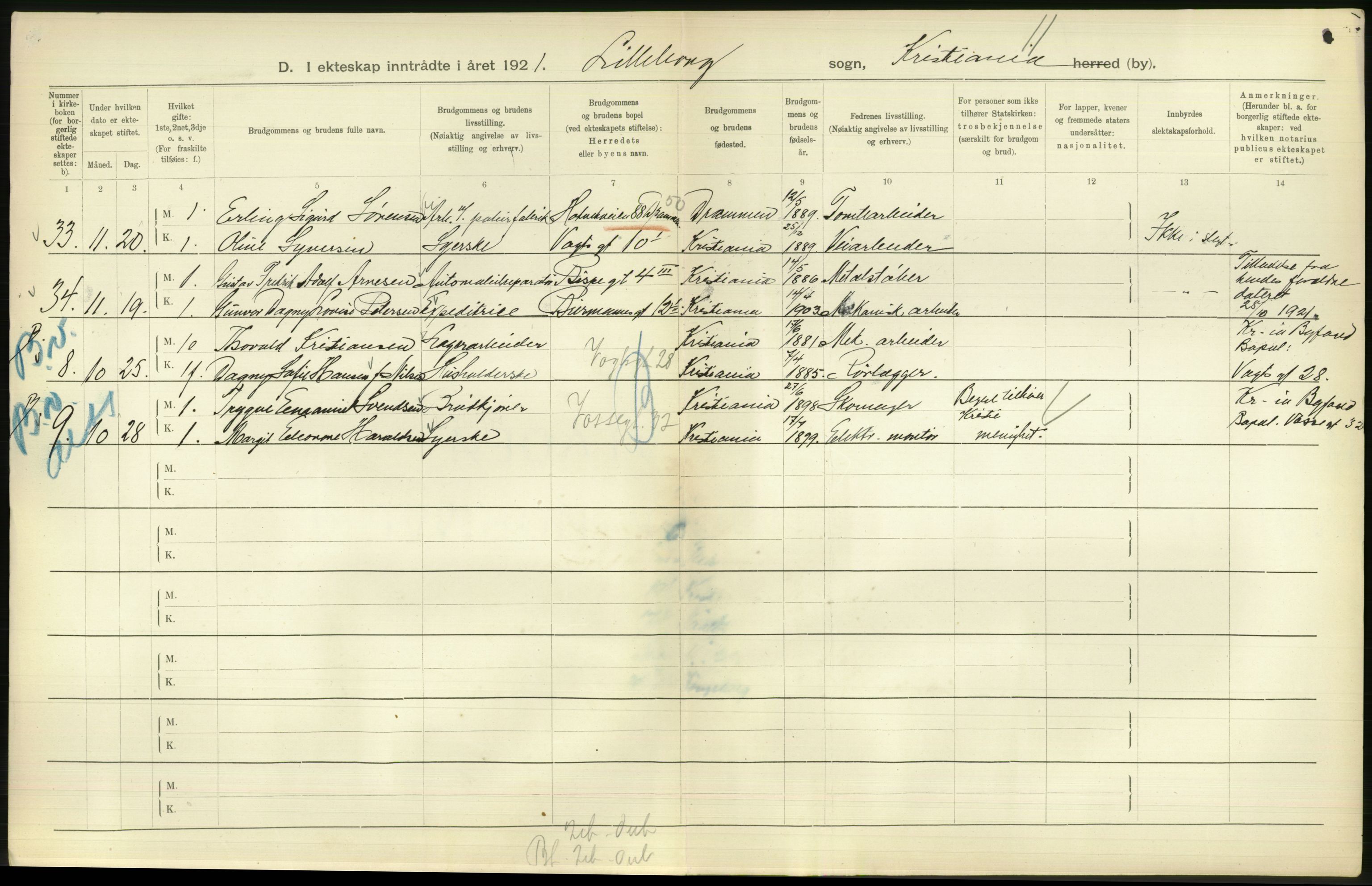 Statistisk sentralbyrå, Sosiodemografiske emner, Befolkning, AV/RA-S-2228/D/Df/Dfc/Dfca/L0011: Kristiania: Gifte, 1921, s. 432