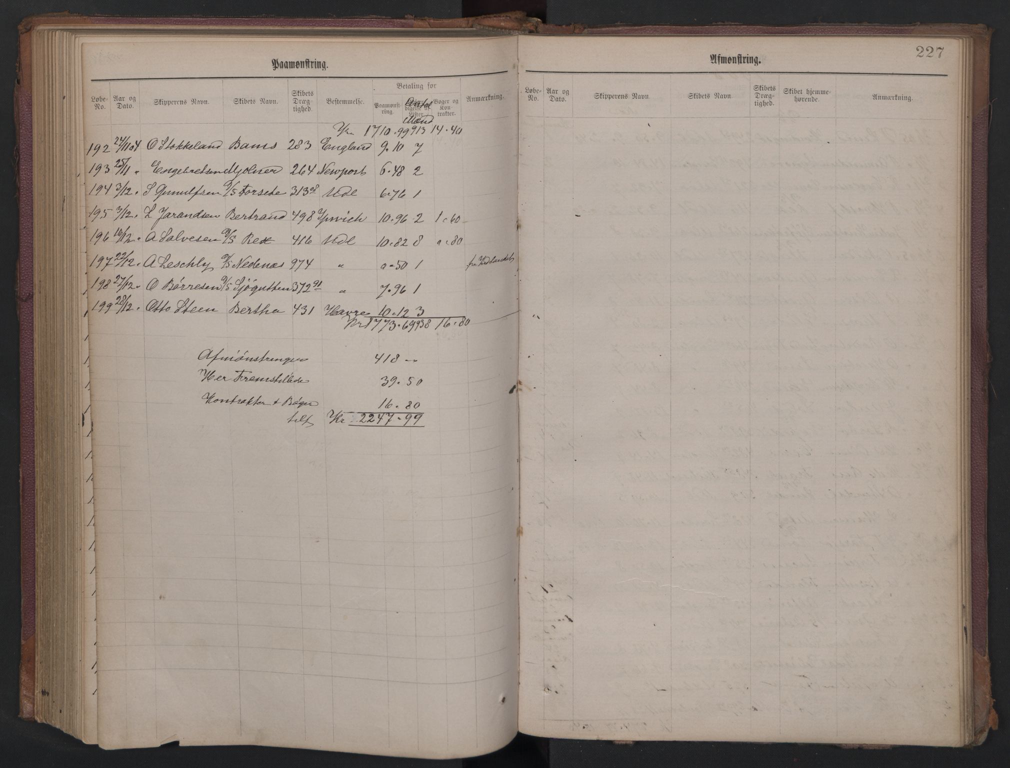 Kragerø innrulleringskontor, AV/SAKO-A-830/H/Ha/L0002: Mønstringsjournal, 1884-1910, s. 227