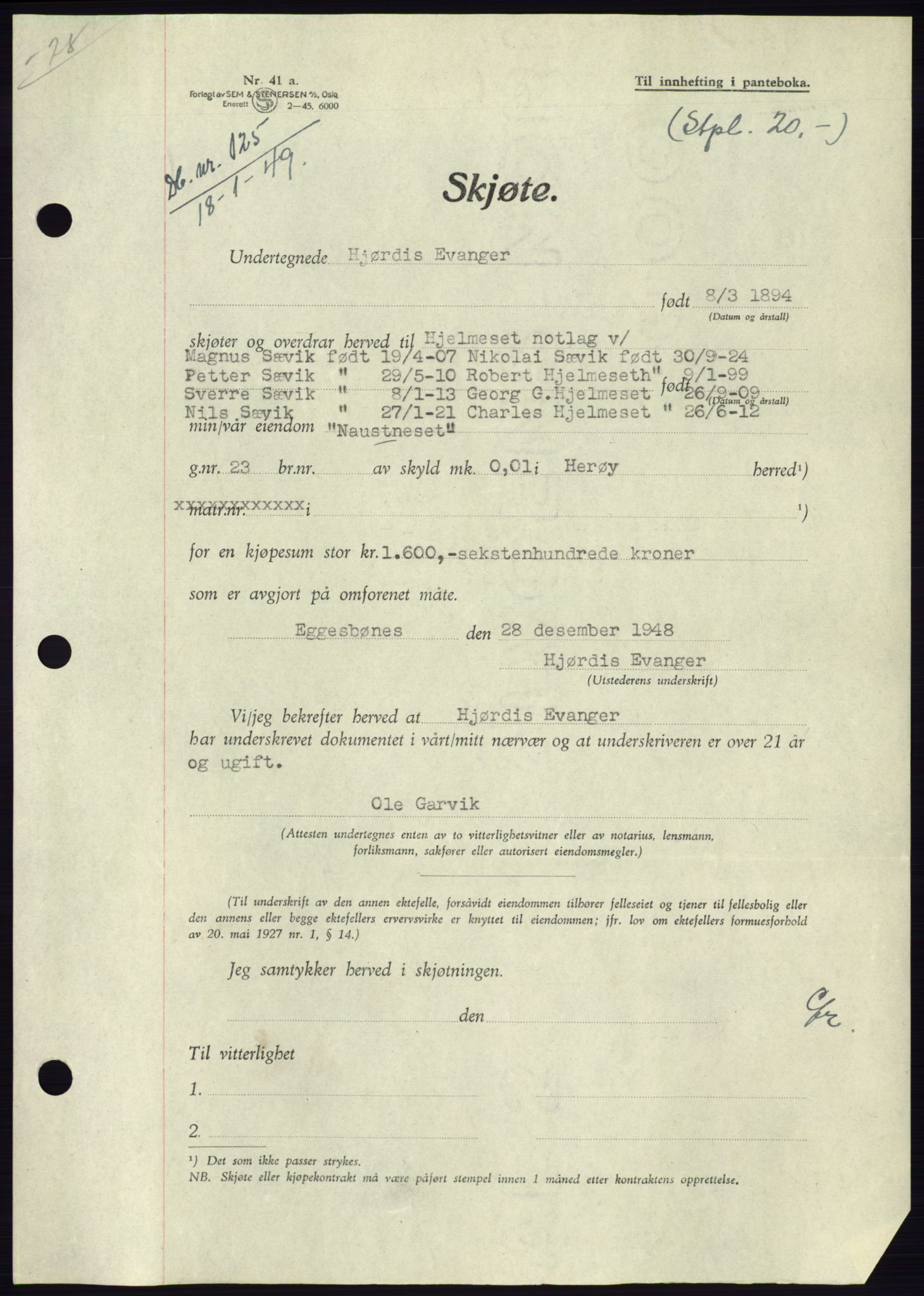 Søre Sunnmøre sorenskriveri, AV/SAT-A-4122/1/2/2C/L0083: Pantebok nr. 9A, 1948-1949, Dagboknr: 125/1949