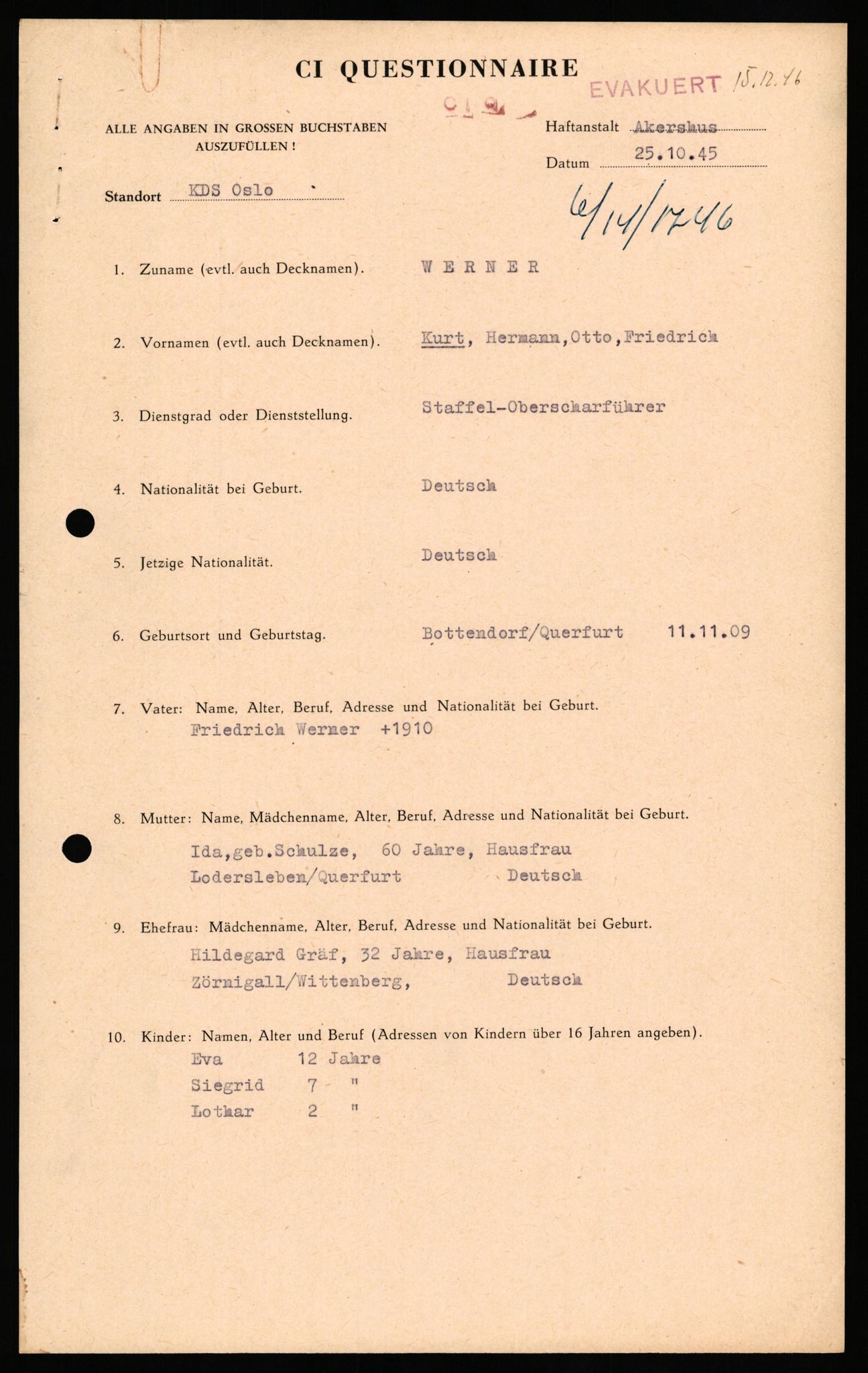 Forsvaret, Forsvarets overkommando II, AV/RA-RAFA-3915/D/Db/L0035: CI Questionaires. Tyske okkupasjonsstyrker i Norge. Tyskere., 1945-1946, s. 410