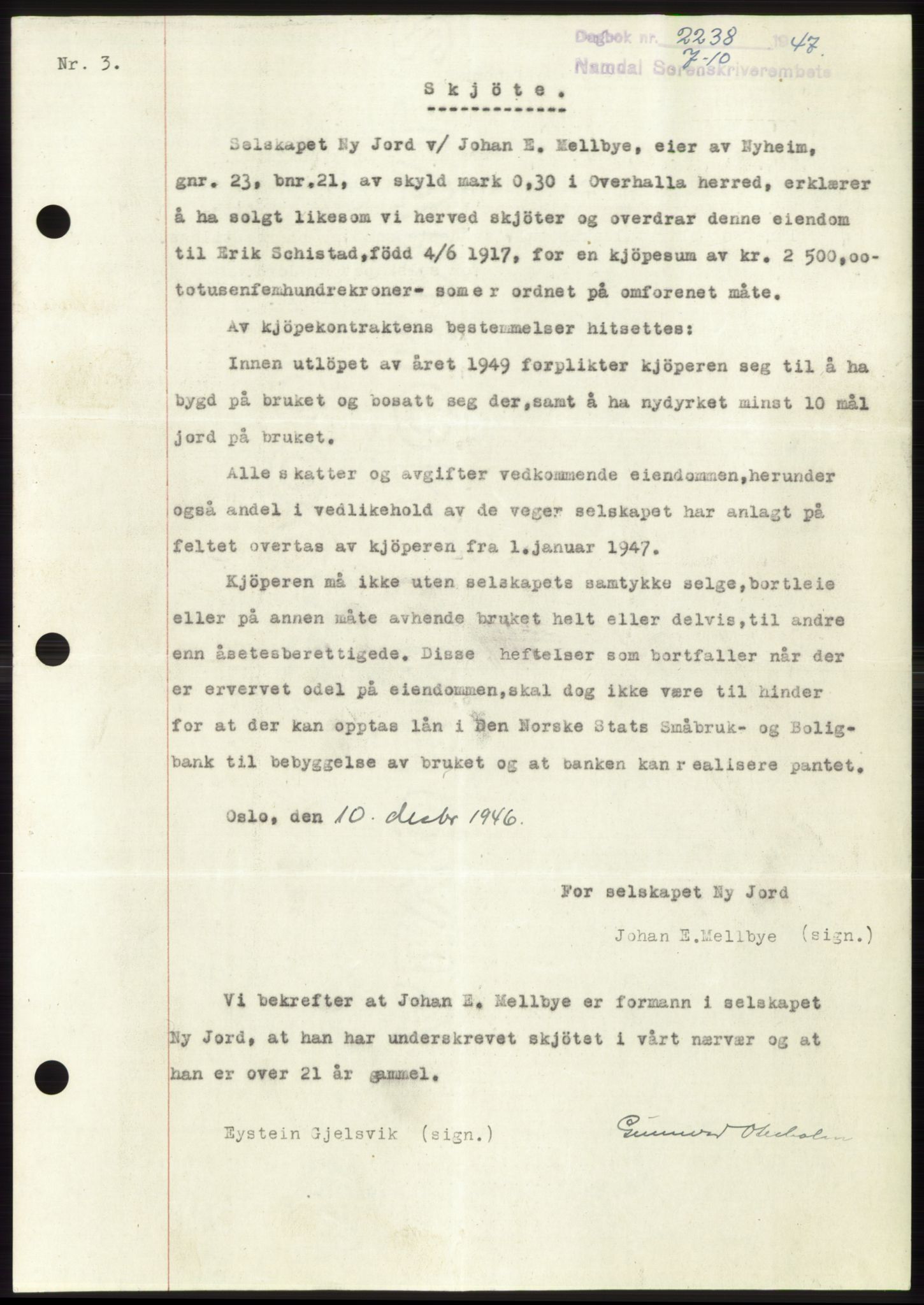 Namdal sorenskriveri, SAT/A-4133/1/2/2C: Pantebok nr. -, 1947-1947, Dagboknr: 2238/1947