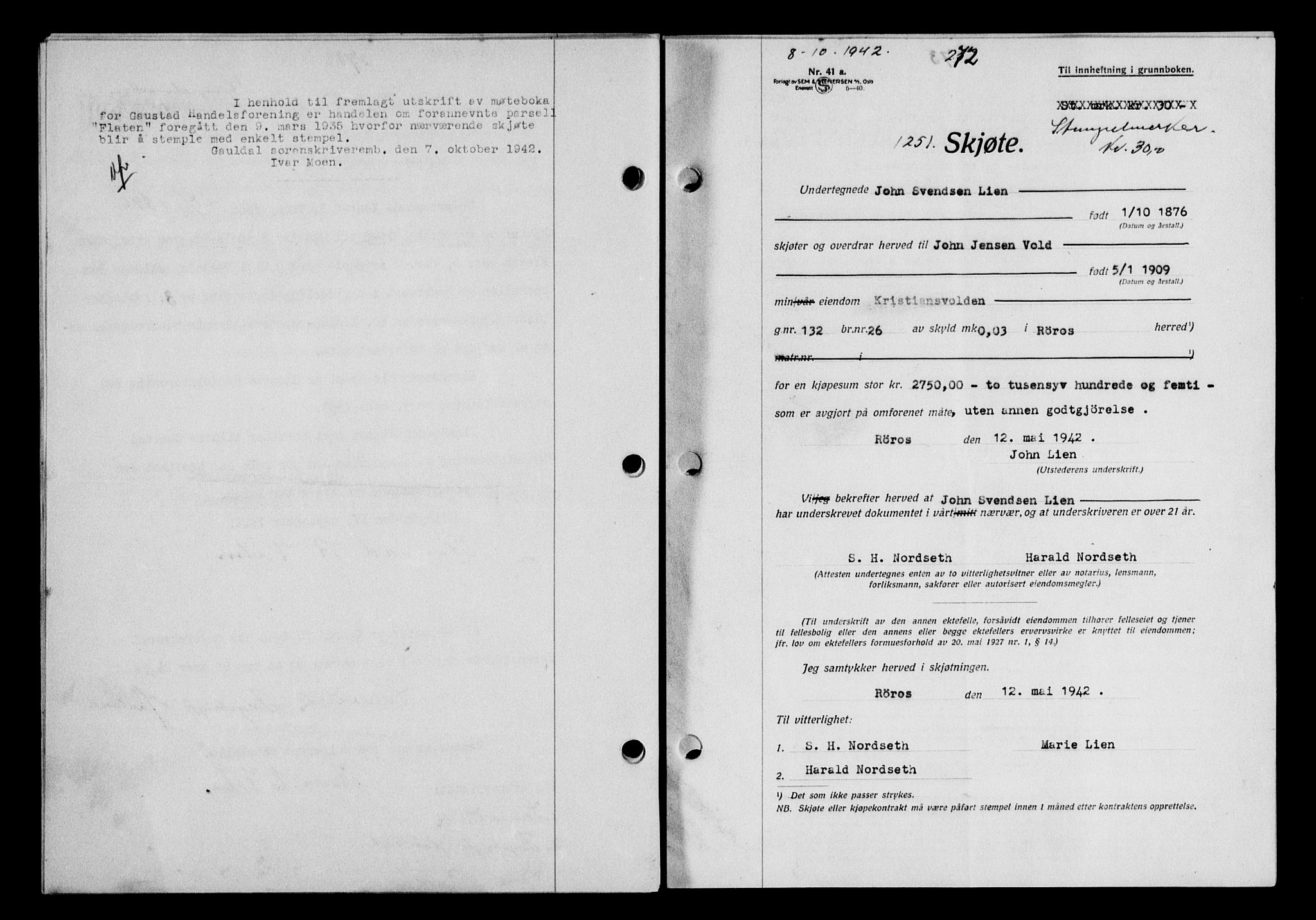 Gauldal sorenskriveri, SAT/A-0014/1/2/2C/L0055: Pantebok nr. 60, 1942-1942, Dagboknr: 1251/1942