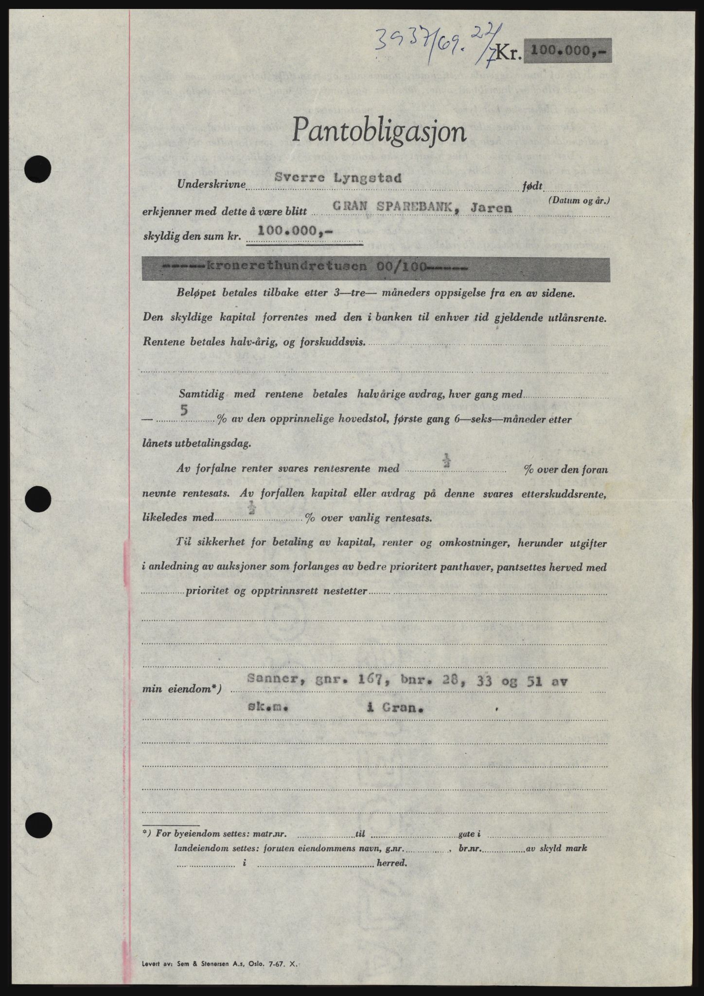 Hadeland og Land tingrett, SAH/TING-010/H/Hb/Hbc/L0074: Pantebok nr. B74, 1969-1969, Dagboknr: 3937/1969