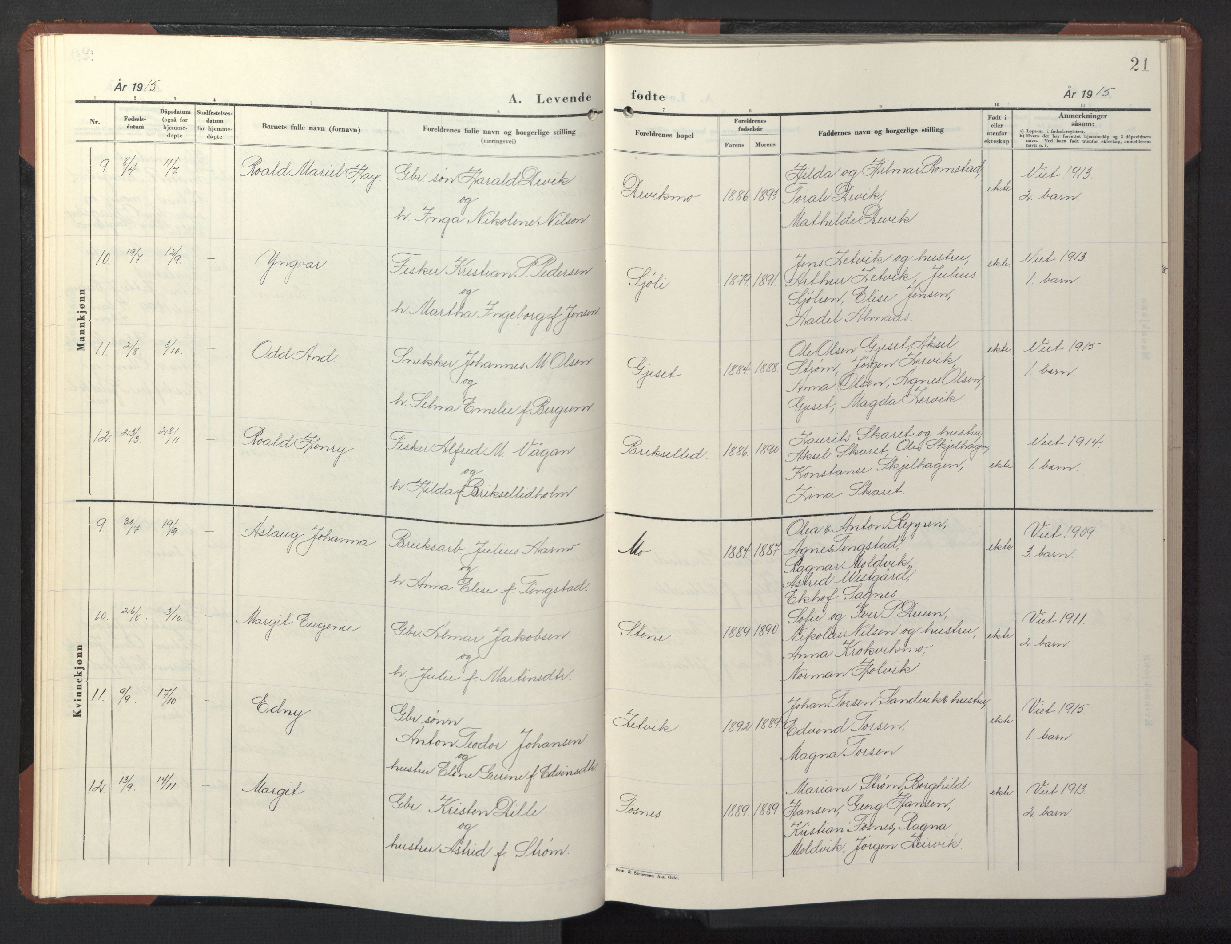 Ministerialprotokoller, klokkerbøker og fødselsregistre - Nord-Trøndelag, AV/SAT-A-1458/773/L0625: Klokkerbok nr. 773C01, 1910-1952, s. 21