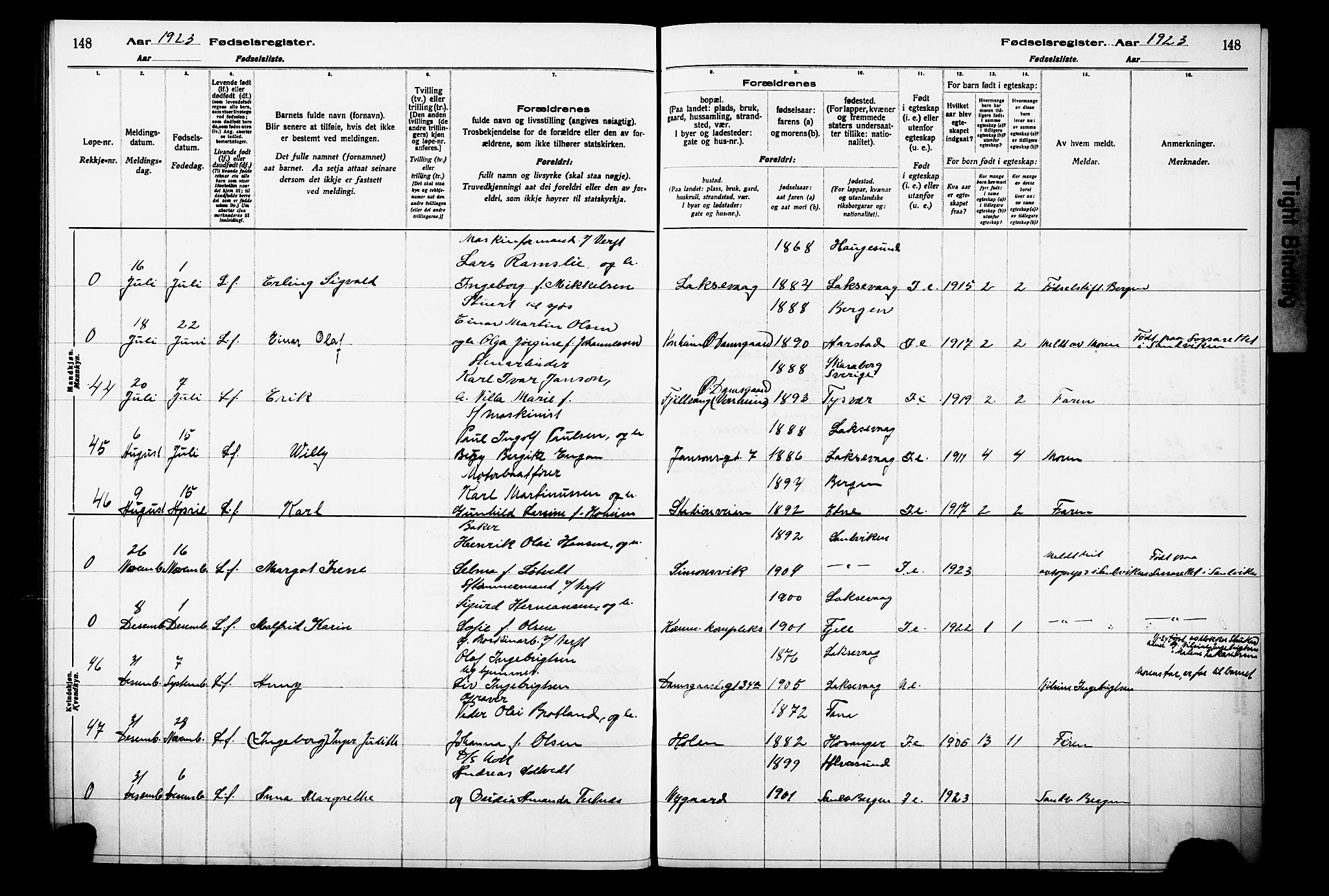 Laksevåg Sokneprestembete, AV/SAB-A-76501/I/Id/L00A1: Fødselsregister nr. A 1, 1916-1926, s. 148